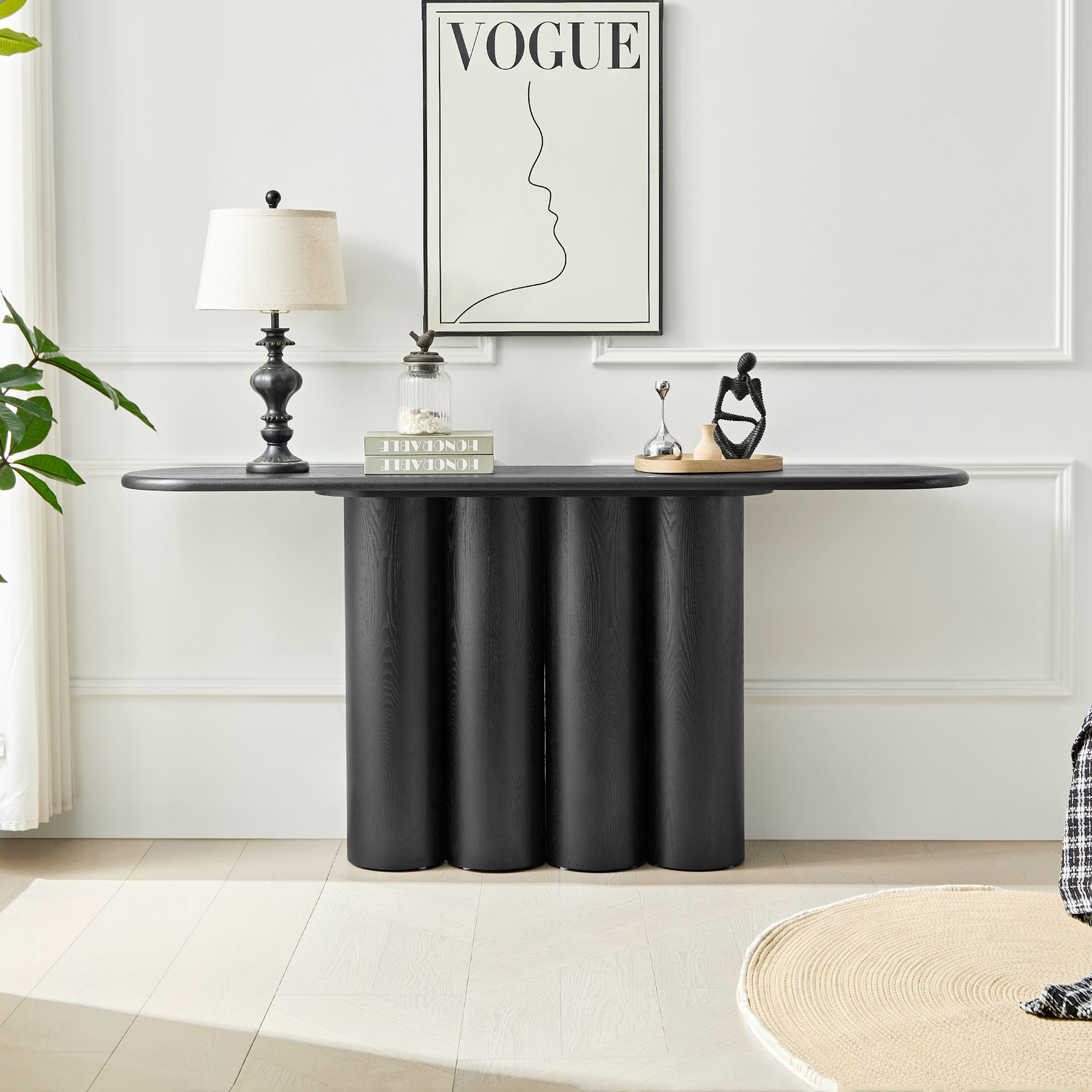 Mesa de consola moderna de 66.93 pulgadas con patas de cilindros, negra.