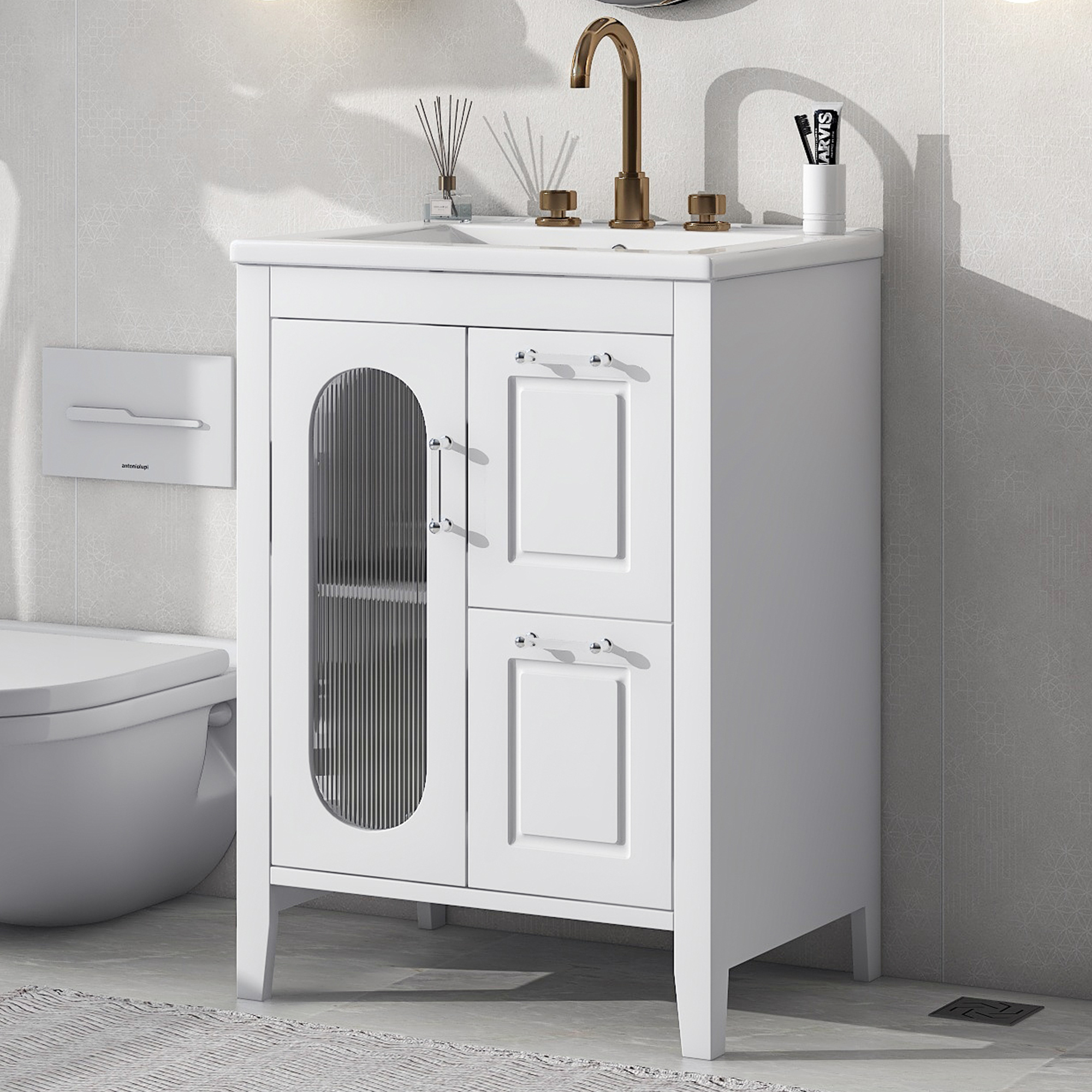 Mueble de baño de 24 pulgadas con lavabo, 2 cajones, puerta y estante ajustable, blanco