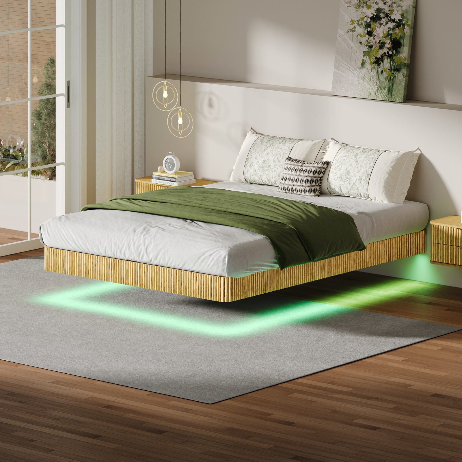 Base de cama flotante Queen de roble con luces LED y listones de metal resistentes