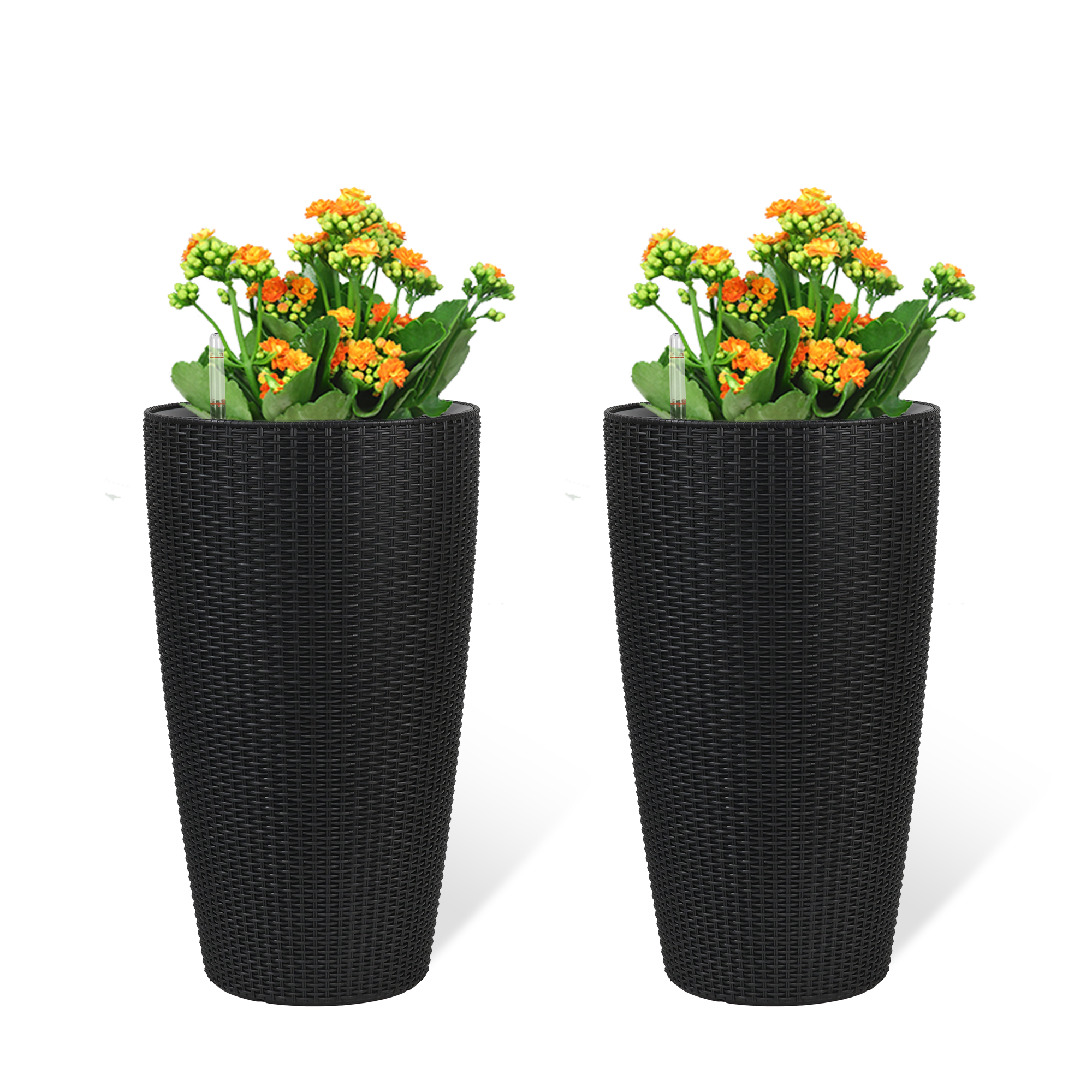 Set Of 2 Faux Rattan Tall Planters Outdoor Indoor Large Planters With Water Level Monitor Inner Bucket, Automatic Watering, Flower Plant Pots For Garden, Patio, Porch,  Black, 22 Inch