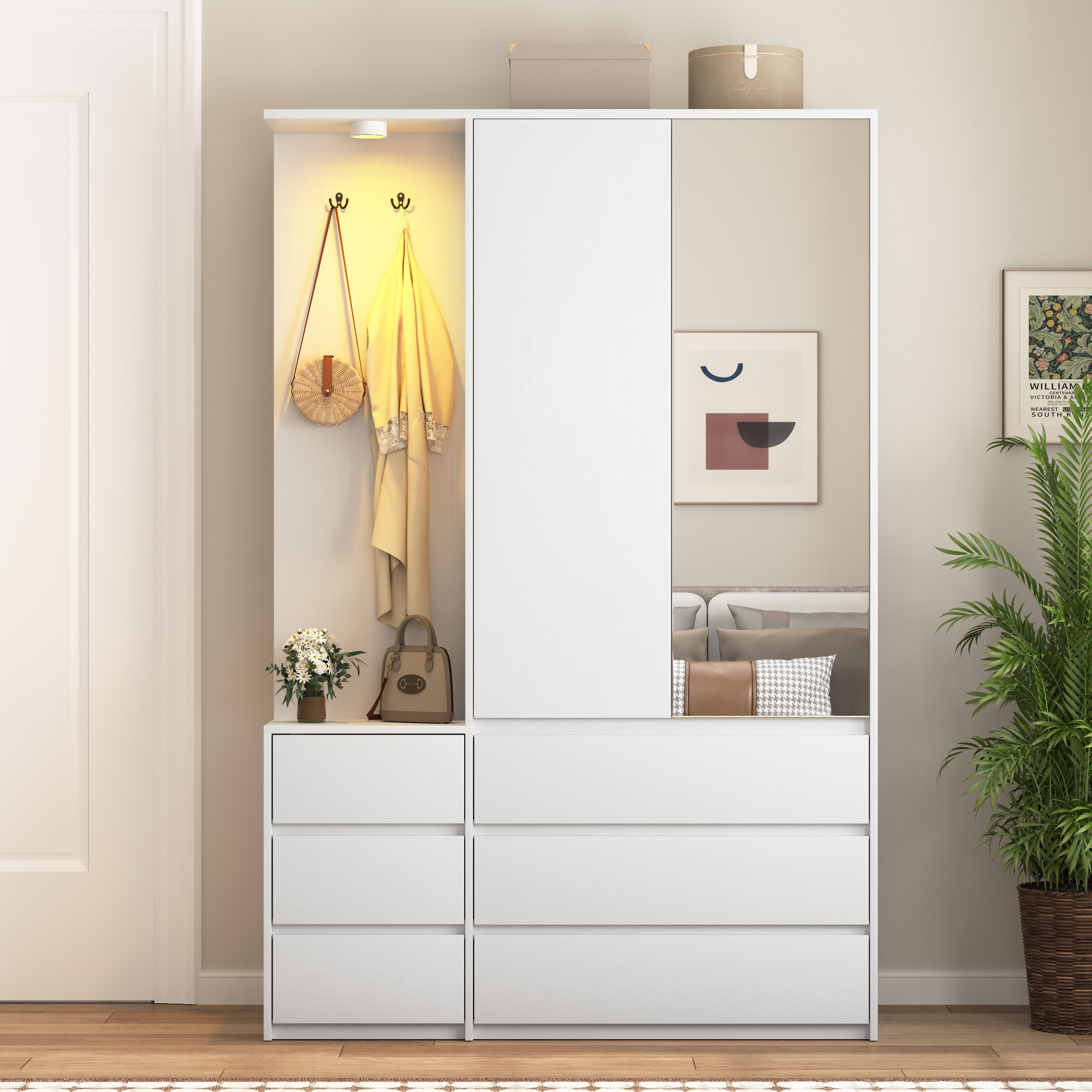 Wardrobe Closet 71.7 H, Bedroom Wooden Wardrobe With 2 Doors 6 Drawers, Modern Clothing Storage Cabinet Combination With Storage Shelves And Hanging Rail, White