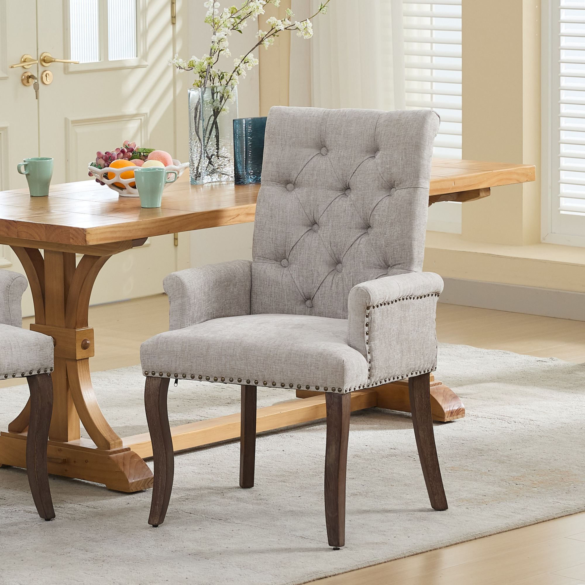 Silla de comedor tapizada en chenilla, patas de madera maciza, beige, SW1895BG
