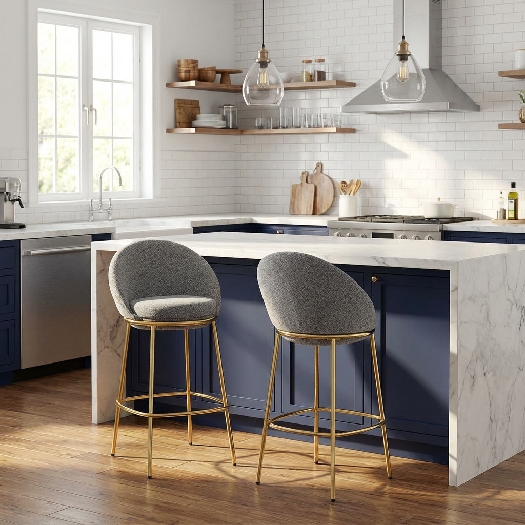 Celano Indoor Metal Upholstered Barstool  Gold- Plated Frame And Mixed Gray Upholstery  Set Of 2