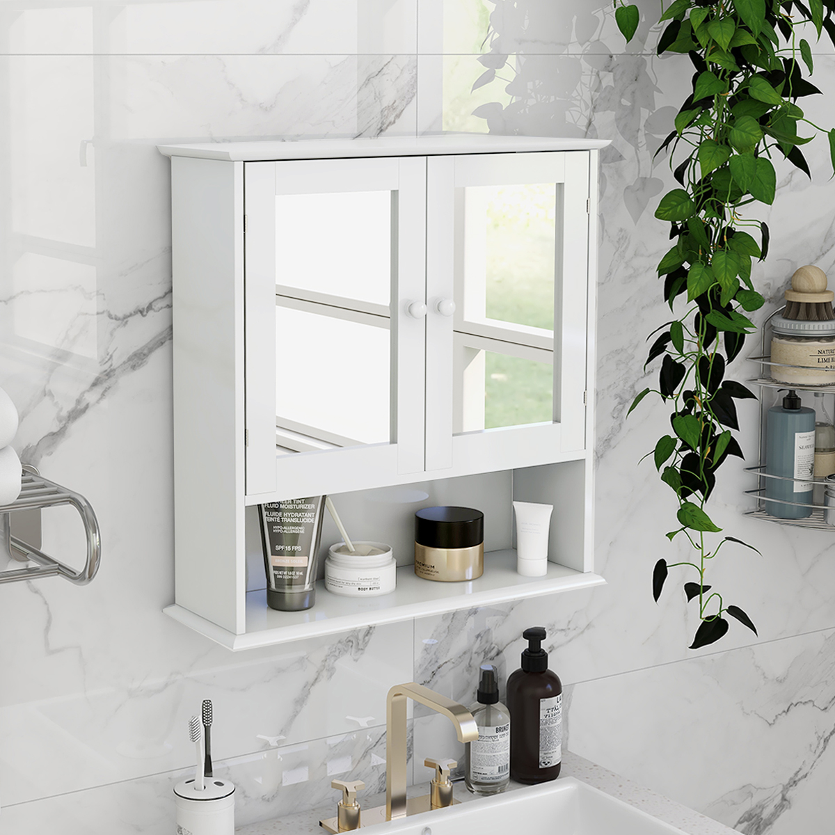 Bathroom Wall Cabinet With Double Mirror Doors And Shelves