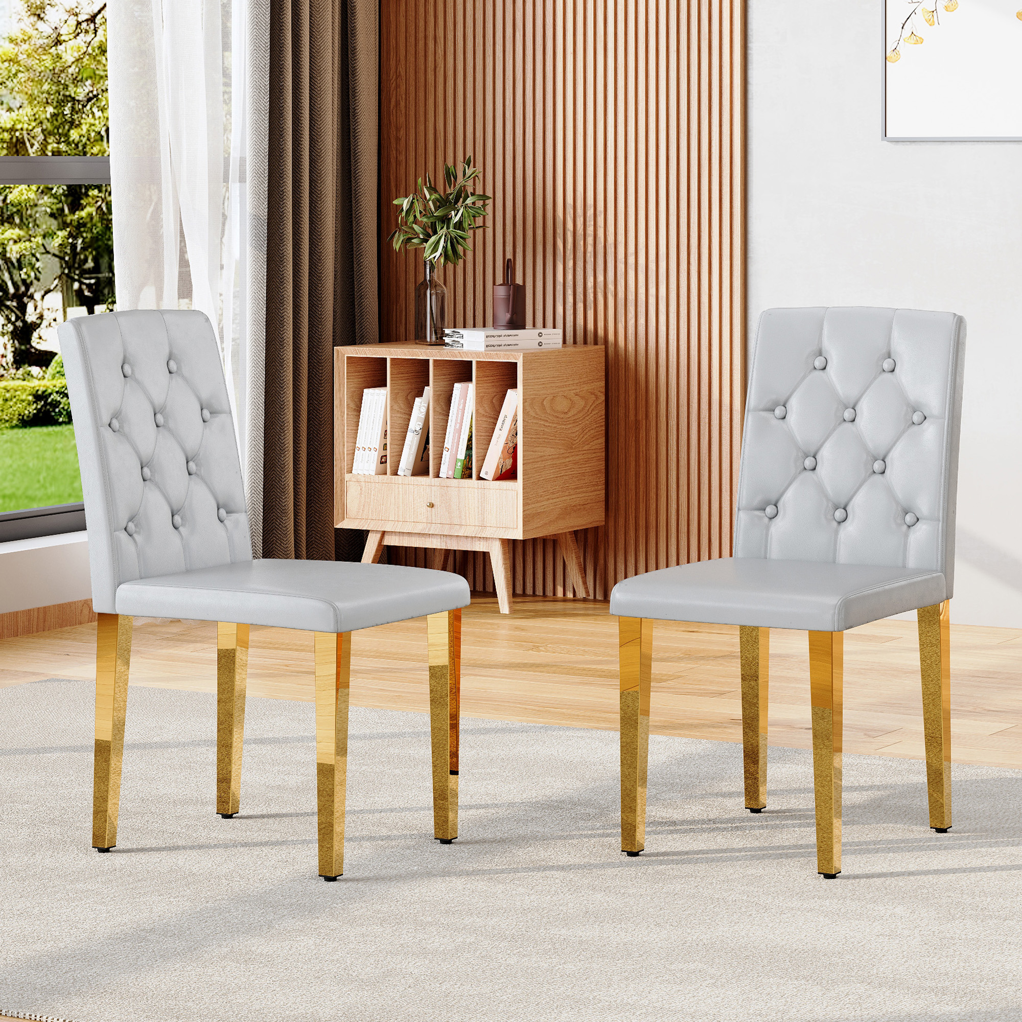 2-piece Set Of Light Grey PU Dining Chairs Ergonomically Designed Buckle Backrest, 35 Inches High, Gold Metal Legs, Combining Comfort And Texture.Suitable For Family Restaurants, Banquet Hall, Etc.