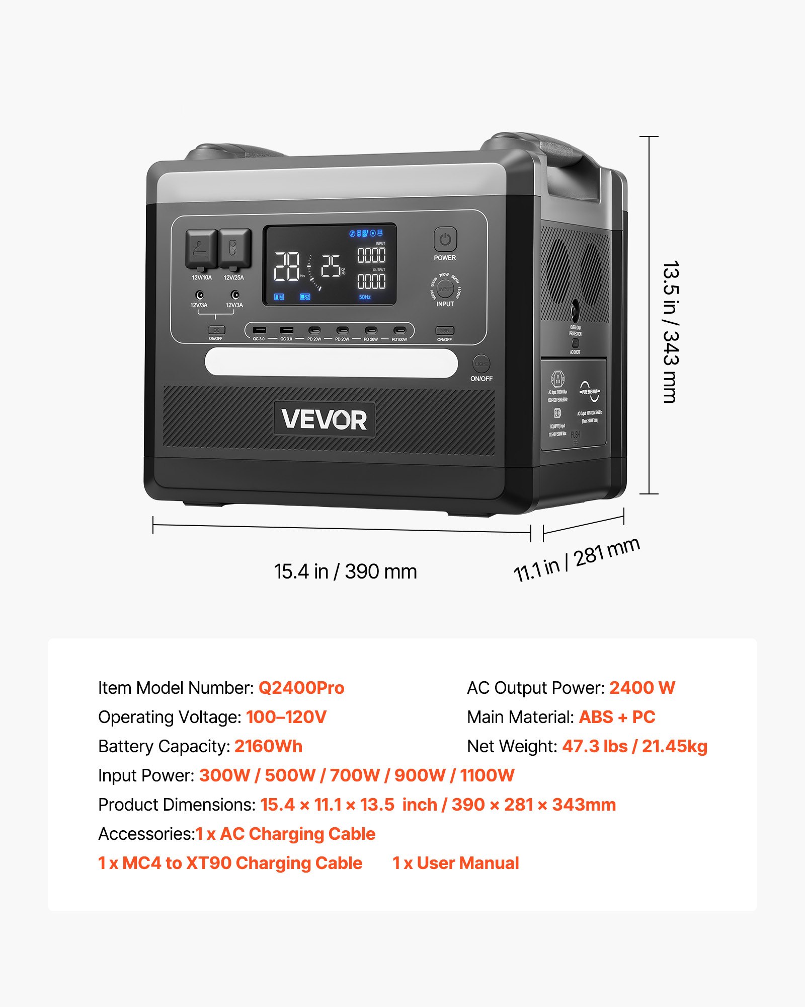 Portable Power Station, 2400W 2160Wh Power Station Solar Generator With 10 Output Ports & Adjustable Input Power, Expandable LiFePO4 Battery Backup For Home Camping RV (Solar Panel NOT Included)