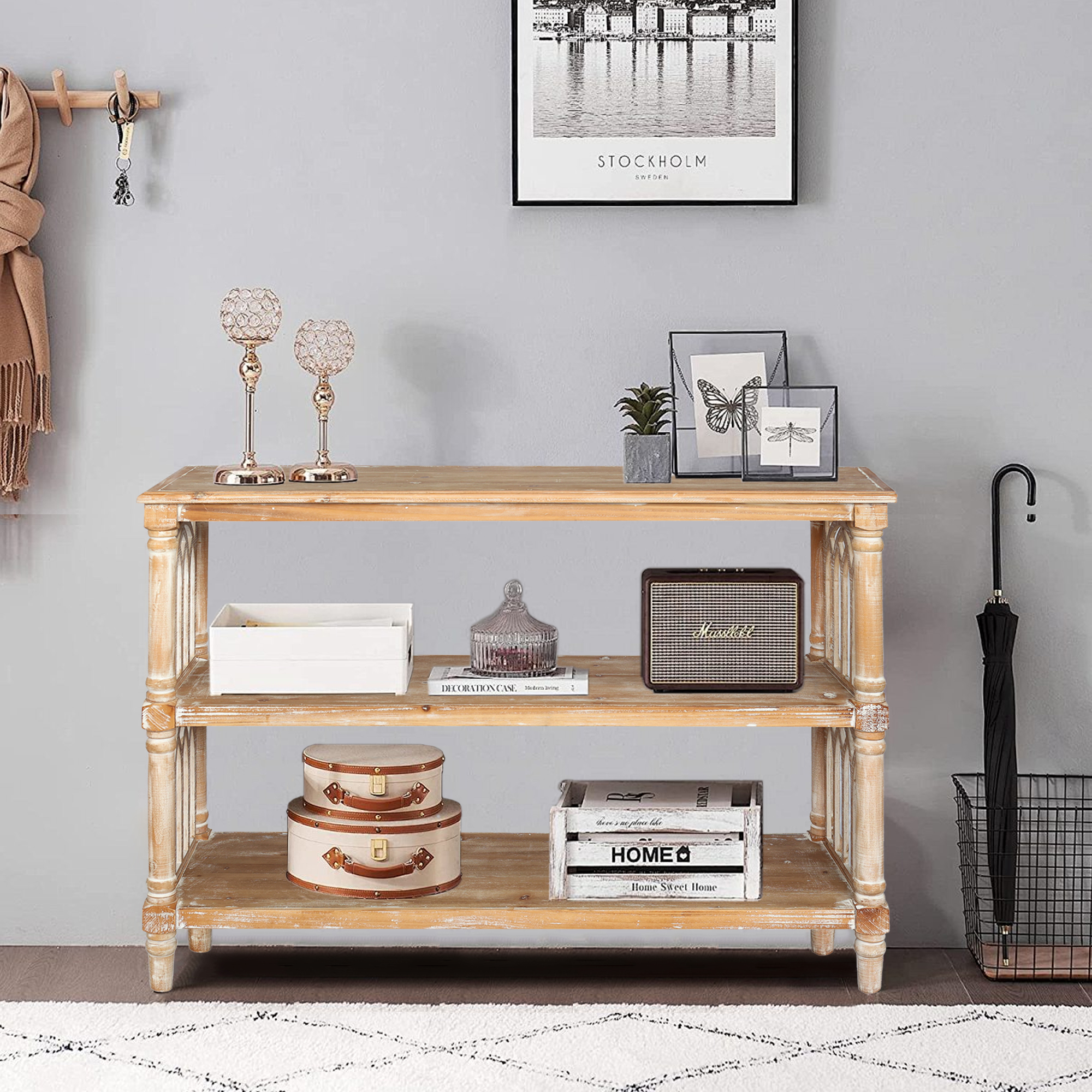 Rustic 3 - Tier Console Table With Gothic - Inspired Details, 47.24  Long Wooden Entryway Table For Living Room And Hallway