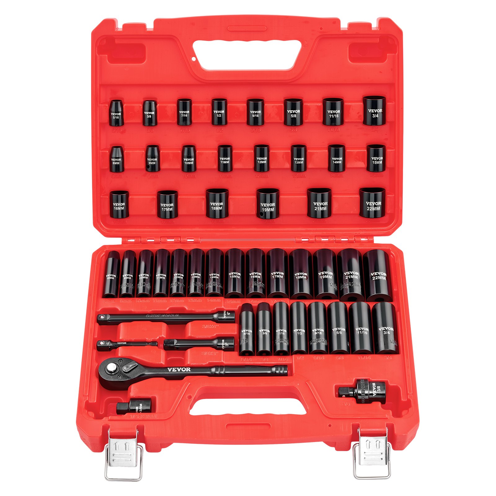 3/8 In Drive Impact Socket Set, 50 Piece, 6 Point Deep & Shallow Impact Sockets, SAE (5/16 In To 3/4 In) And Metric (8 To 22 Mm) Sizes With 3 In & 6 In Extension Bars, Cr-V Steel, Carrying Case