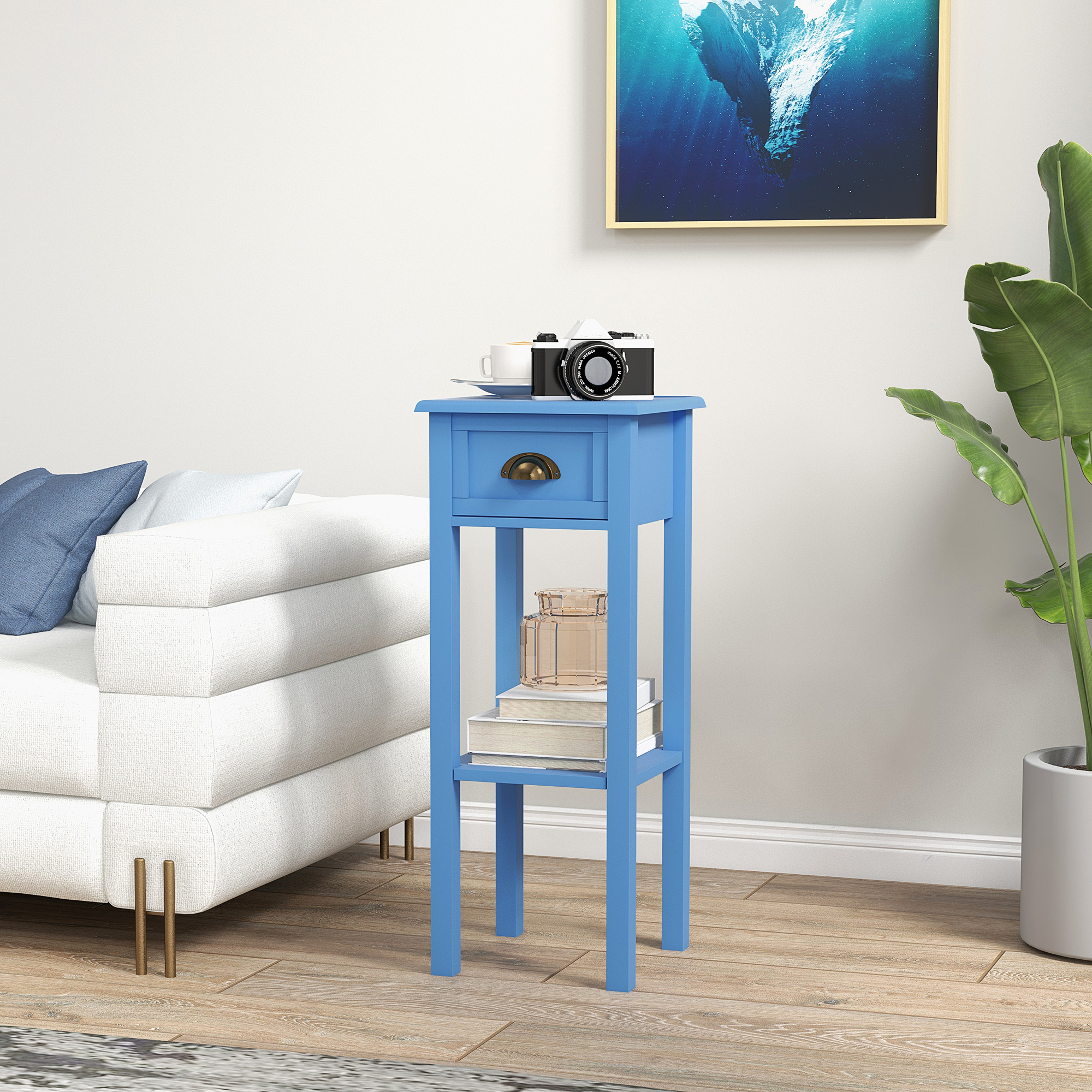 Mesa auxiliar de 2 niveles con cajón y estante, para sala o pasillo, azul claro.