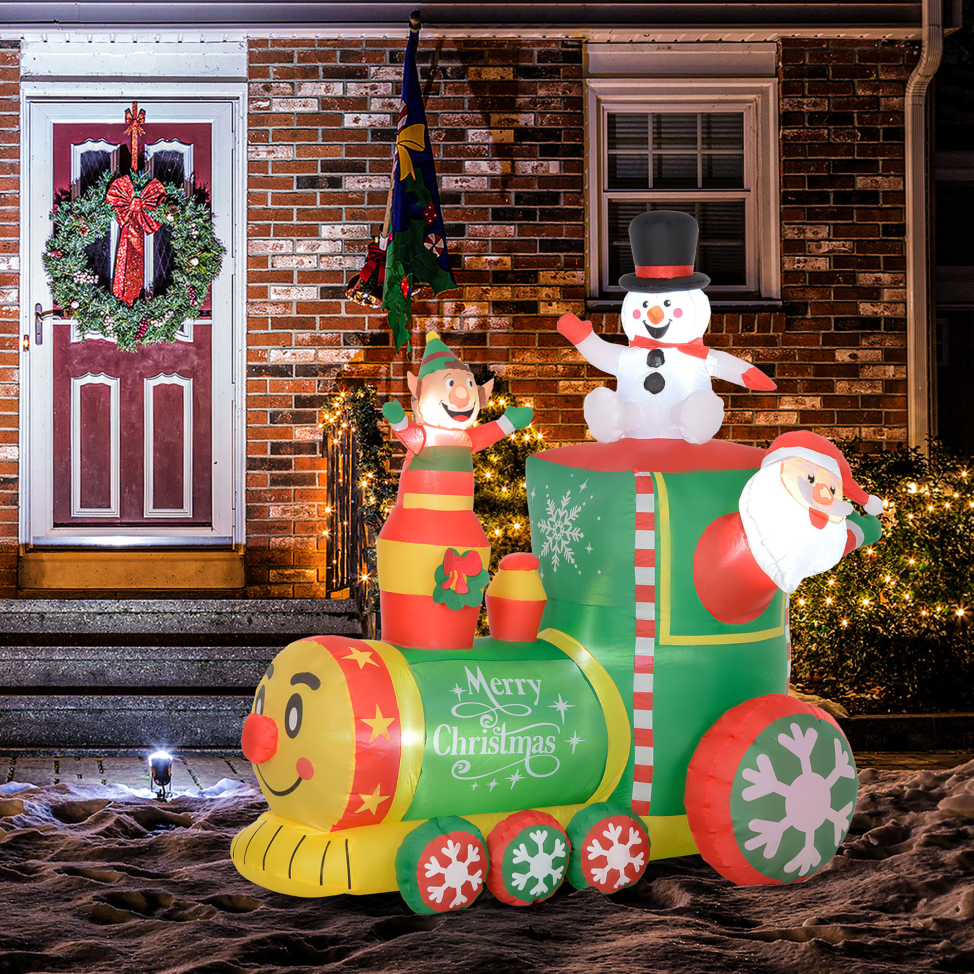 Tren inflable de 6 pies con Santa Claus y muñeco de nieve, luces LED, para exterior