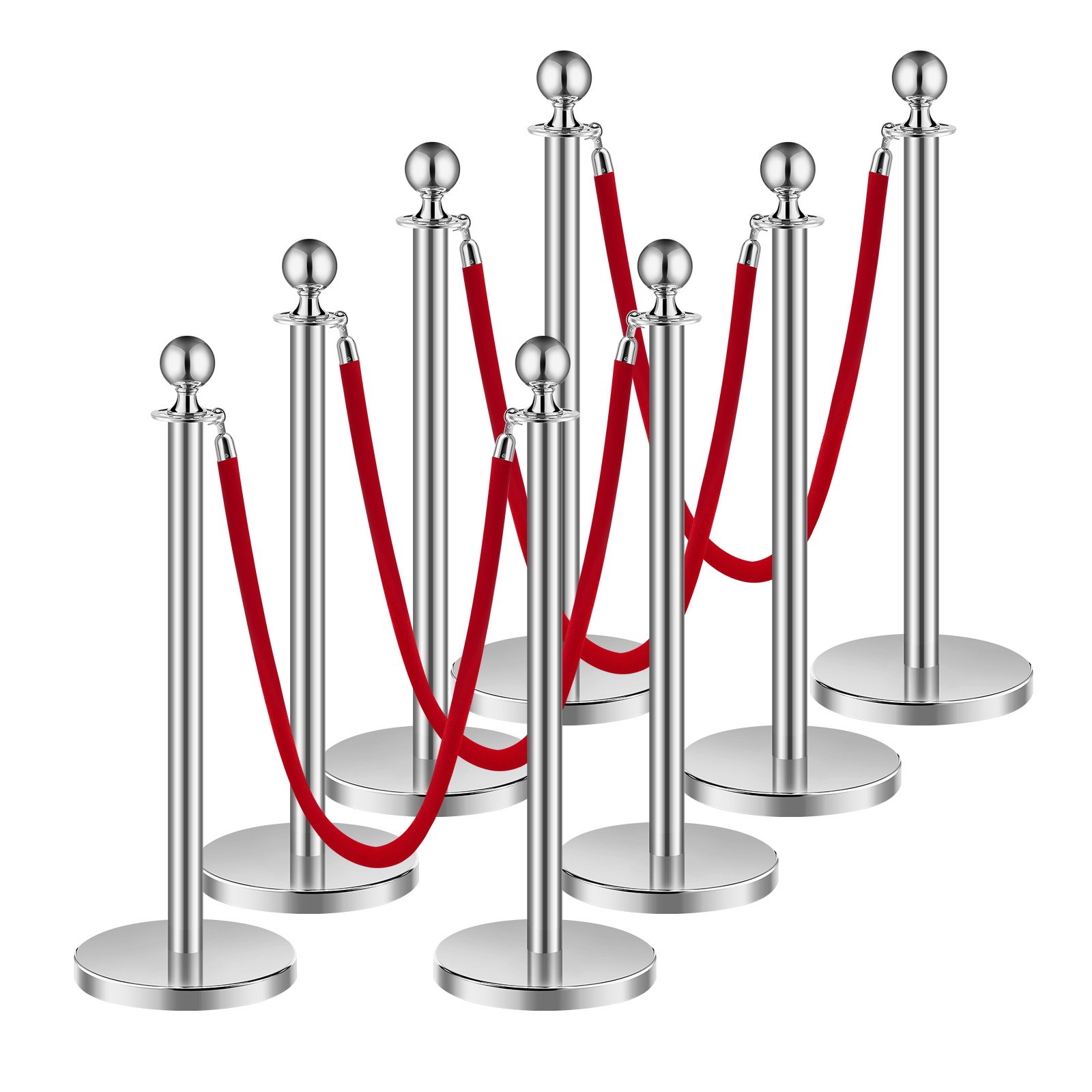Stanchions And Velvet Ropes 8Pcs, Hollow Base With Stainless Steel Post, 4 Red Velvet Ropes And Posts, Crowd Control Barriers Silver Stanchions, Red Carpet Runner Poles For Party Supplies