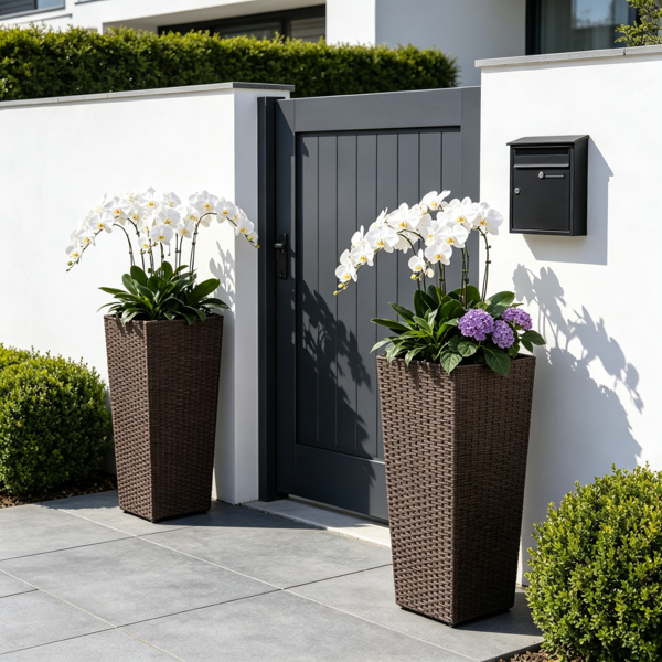 Set Of 2 Rattan Planters With Removable Inner Pots, Metal Frame Adjustable Foot Pads For Garde - Brown