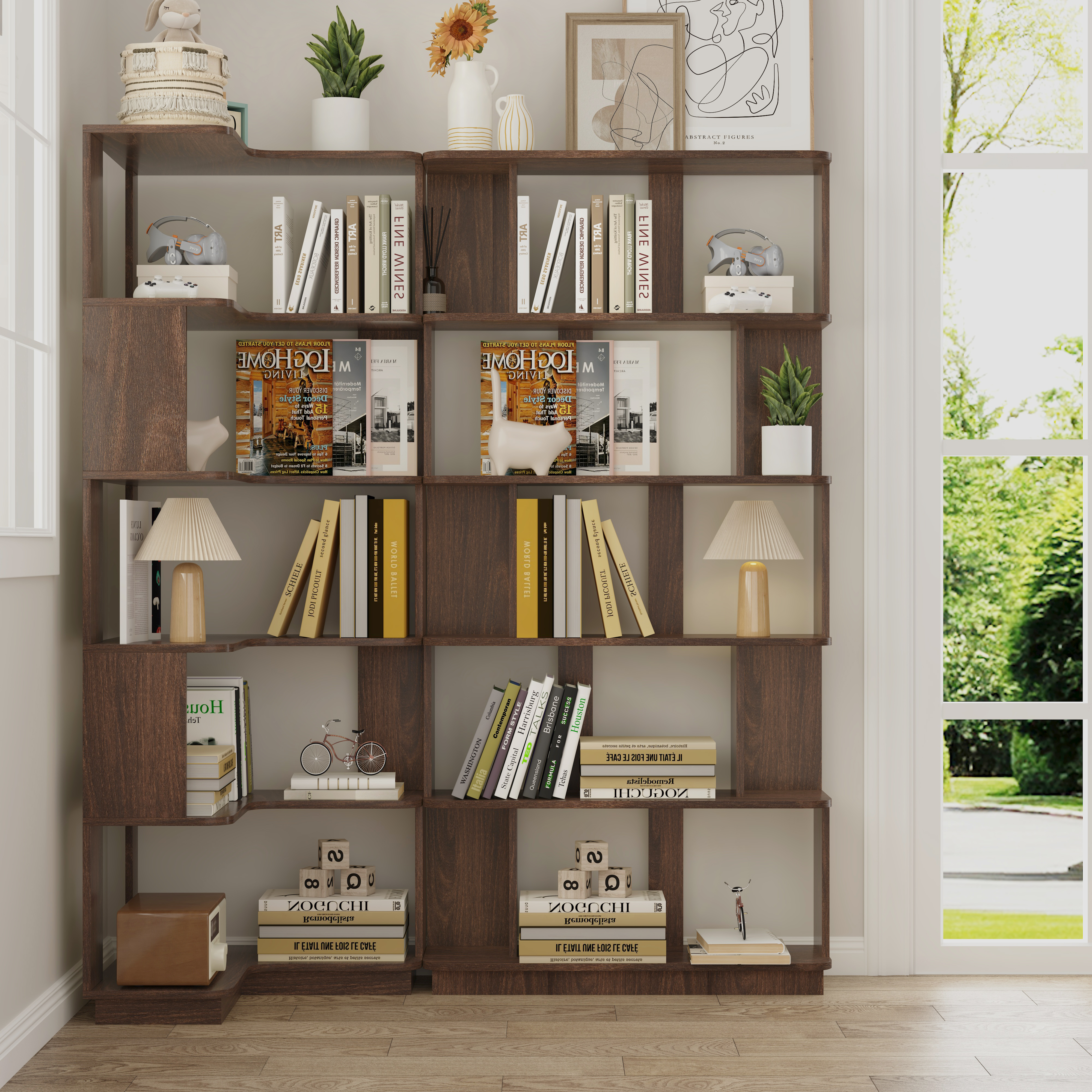 Set de 2 librerías esquinera de 55 cm y 80 cm, combinación libre, marrón oscuro