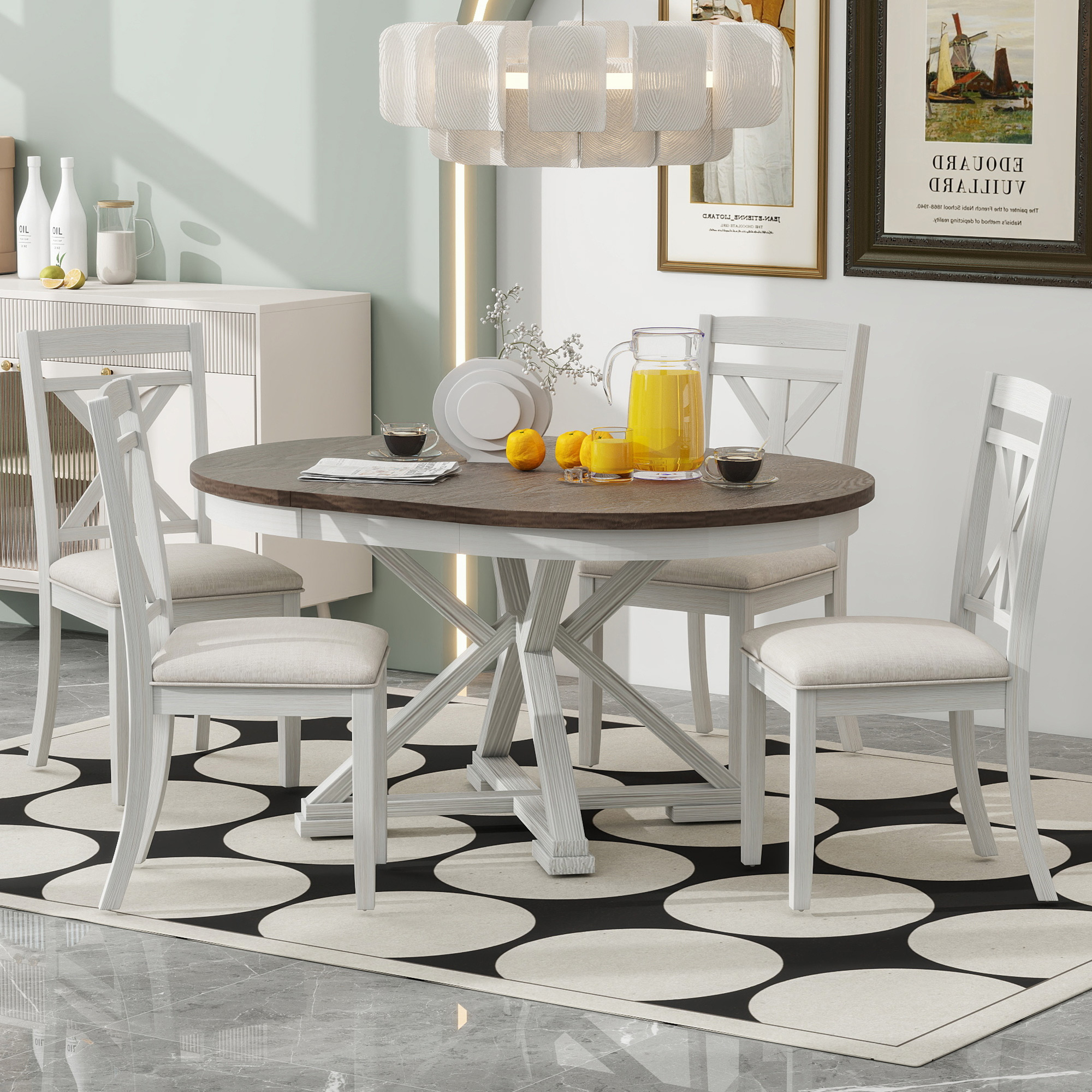 Juego de comedor TREXM de 5 piezas retro: mesa redonda extensible y 4 sillas tapizadas