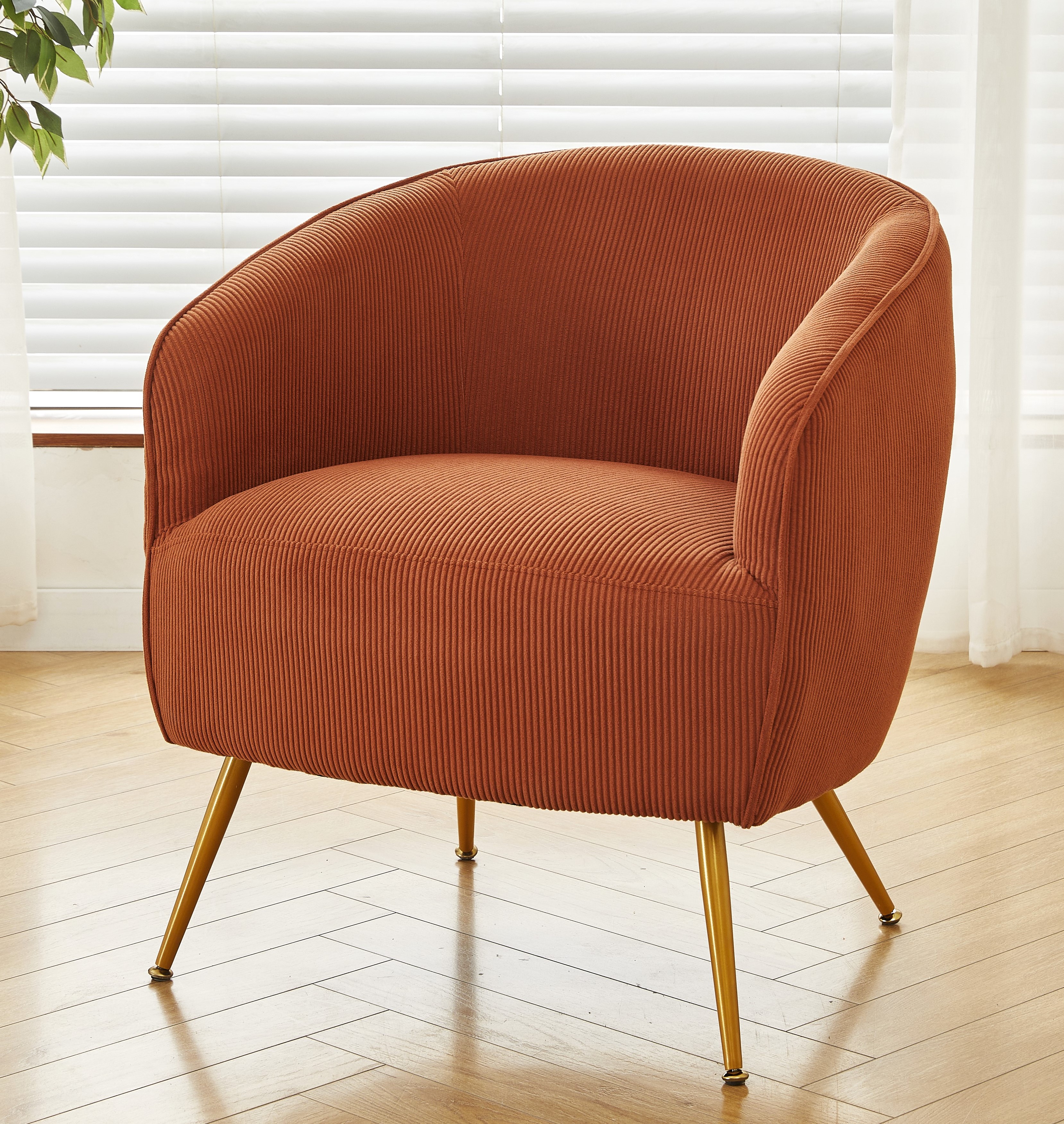 Silla decorativa de pana con patas de metal dorado, moderna y tapizada