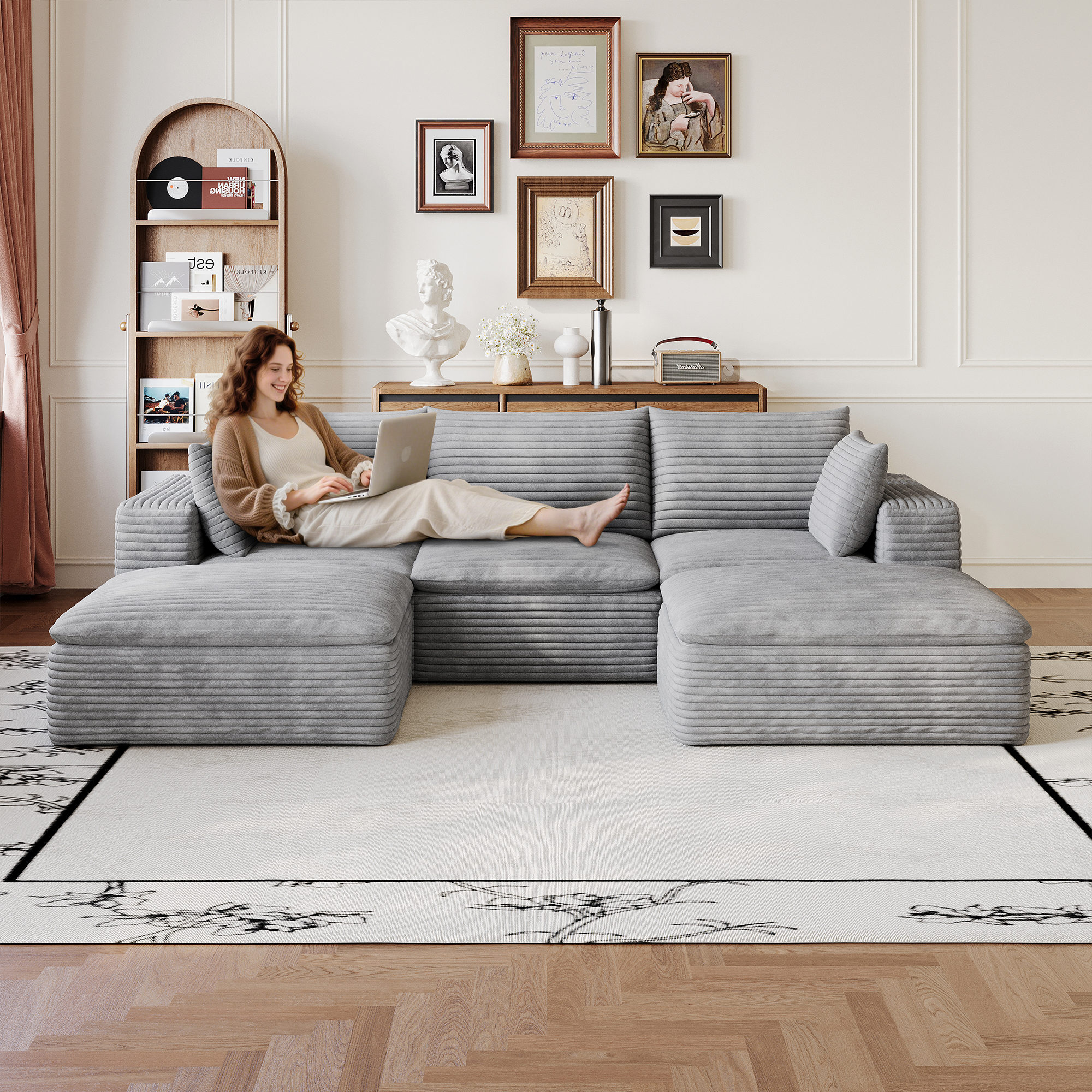 Sofá Cloud 102" de pana con asiento profundo, diseño doble capa y cojín extraíble, gris