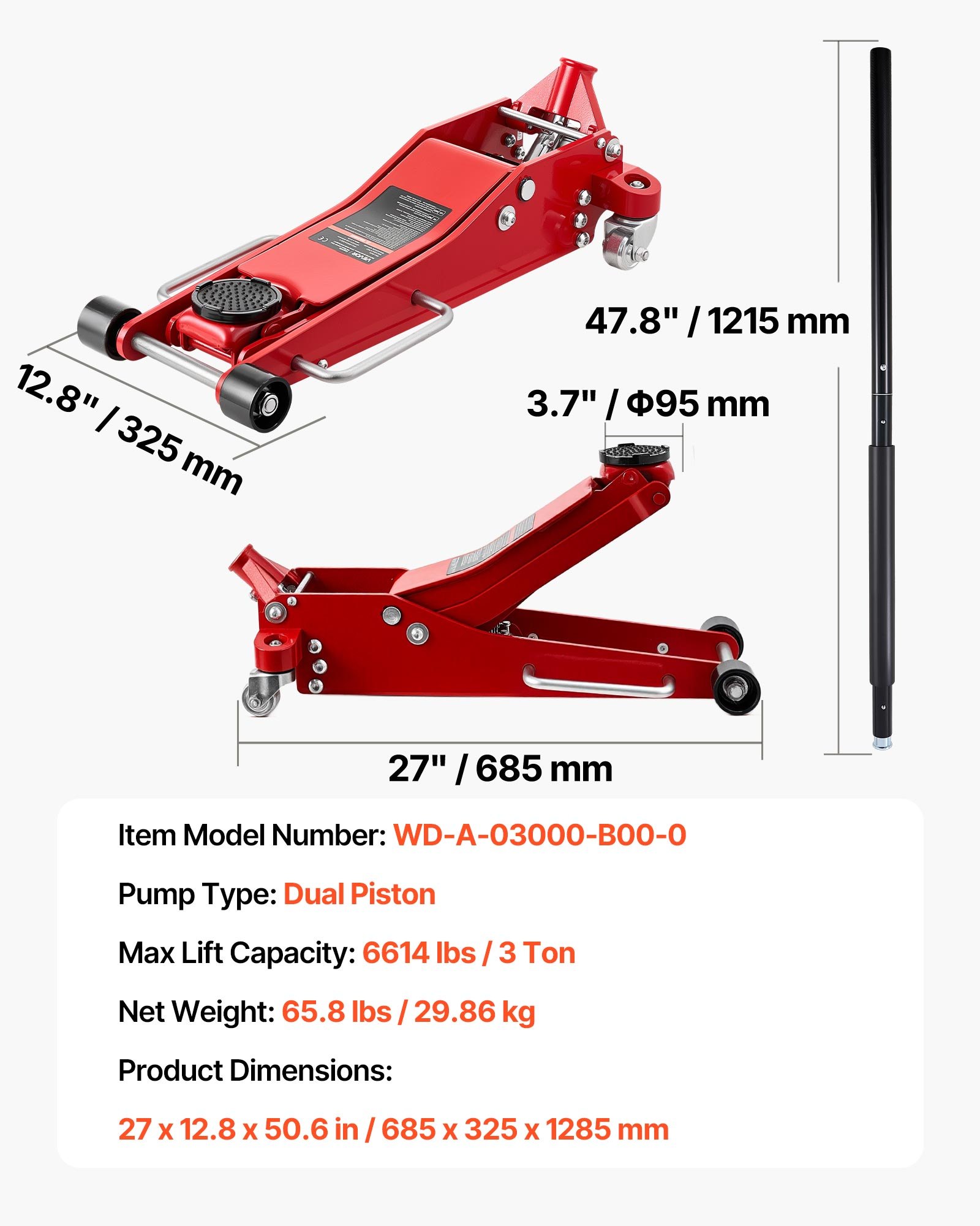 Low Profile Floor Jack, 3 Ton (6614 Lbs) Capacity, Aluminum Racing Floor Jack With Dual Pistons Quick Lift Pump, Hydraulic Trolley Car Lift For Sports Car, SUV, Pickup, Lifting Range 3.3"-20.3"