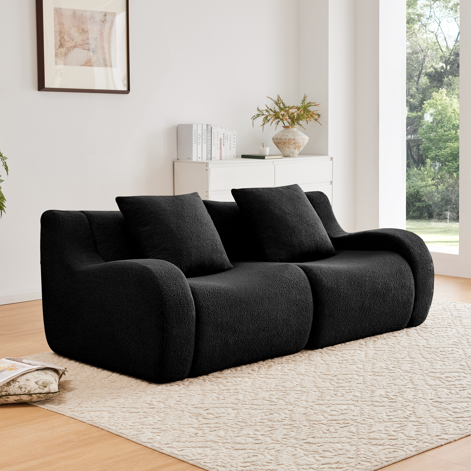 Sofá sin estructura de tela de peluche suave, sin montaje, esponja alta densidad - Negro