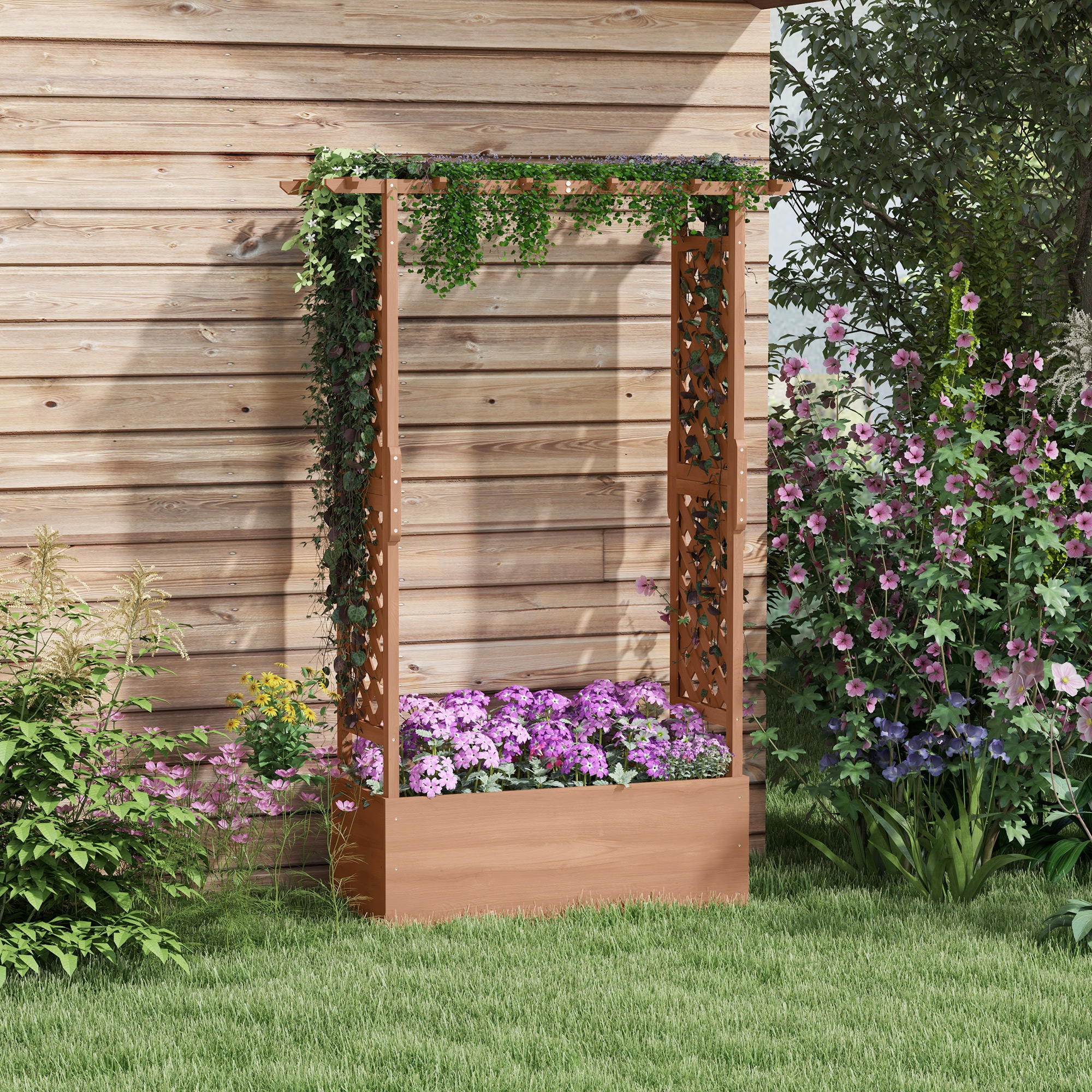 Cama de jardín elevada de madera con enrejados y techo, 70.75 pulgadas de alto