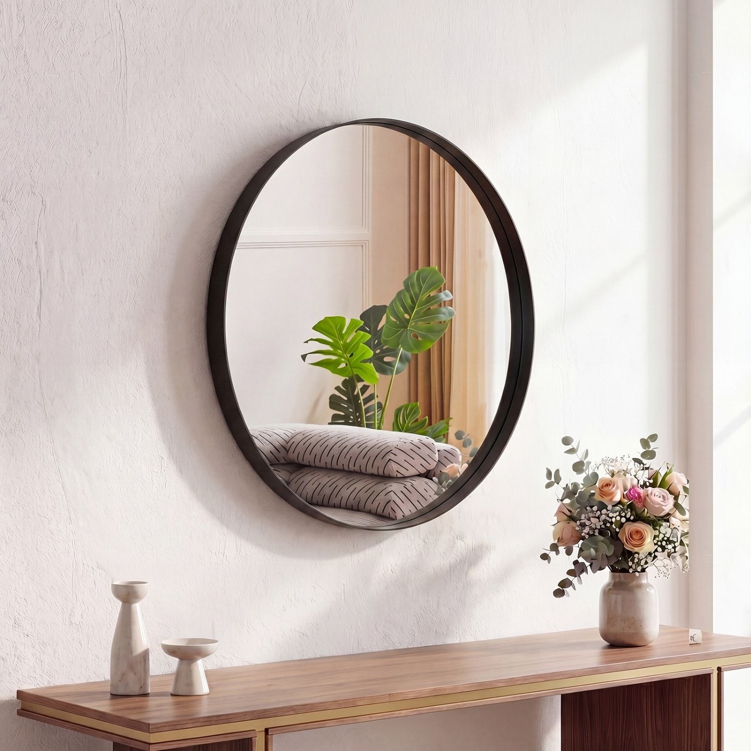 Round Wall Mirror With Metal Frame, Bathroom Round Wall Mirror