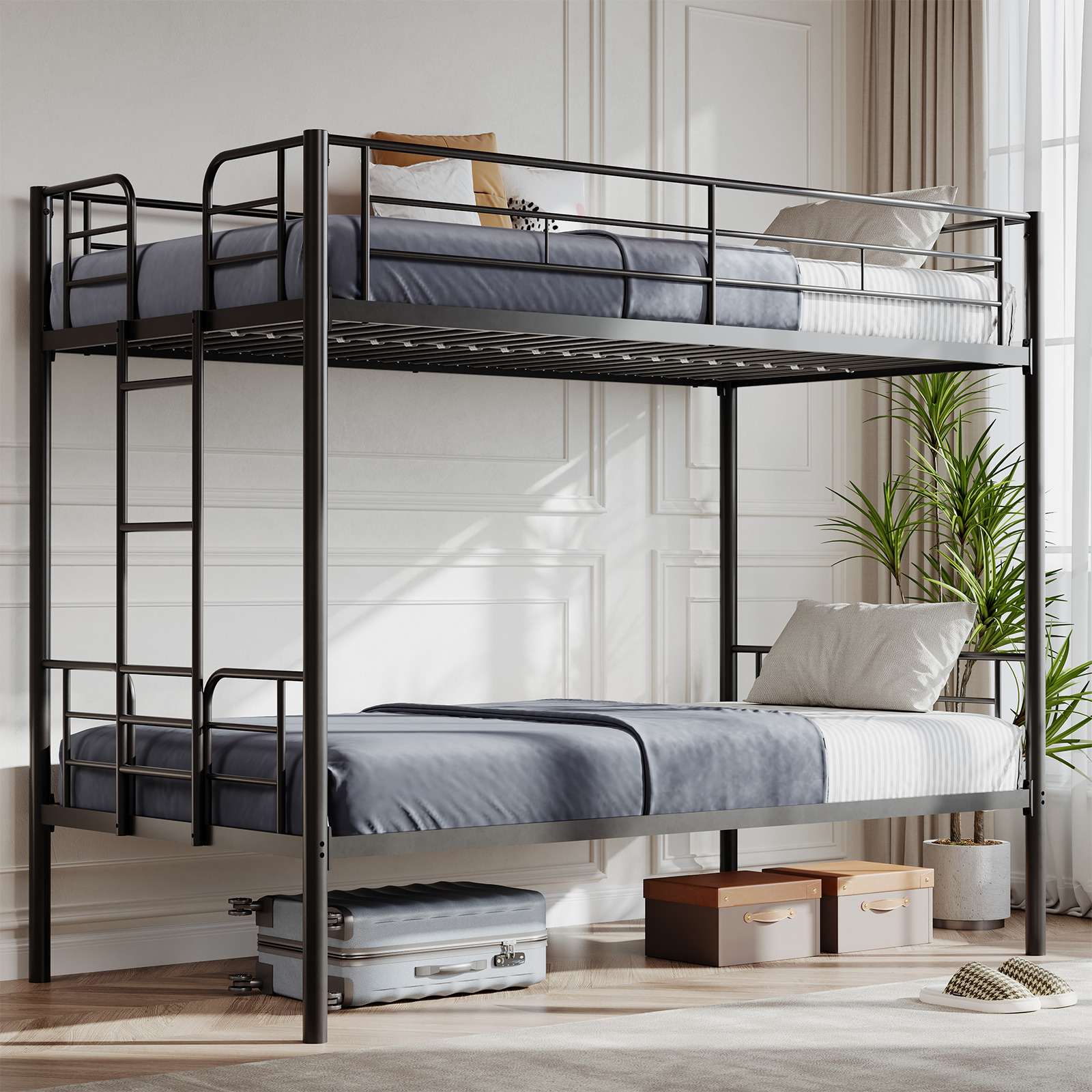 Metal Double-layer Bed With Stairs And Safety Railings, Sturdy Steel Frame, No Need For A Mattress, Double-layer Bed That Saves Space