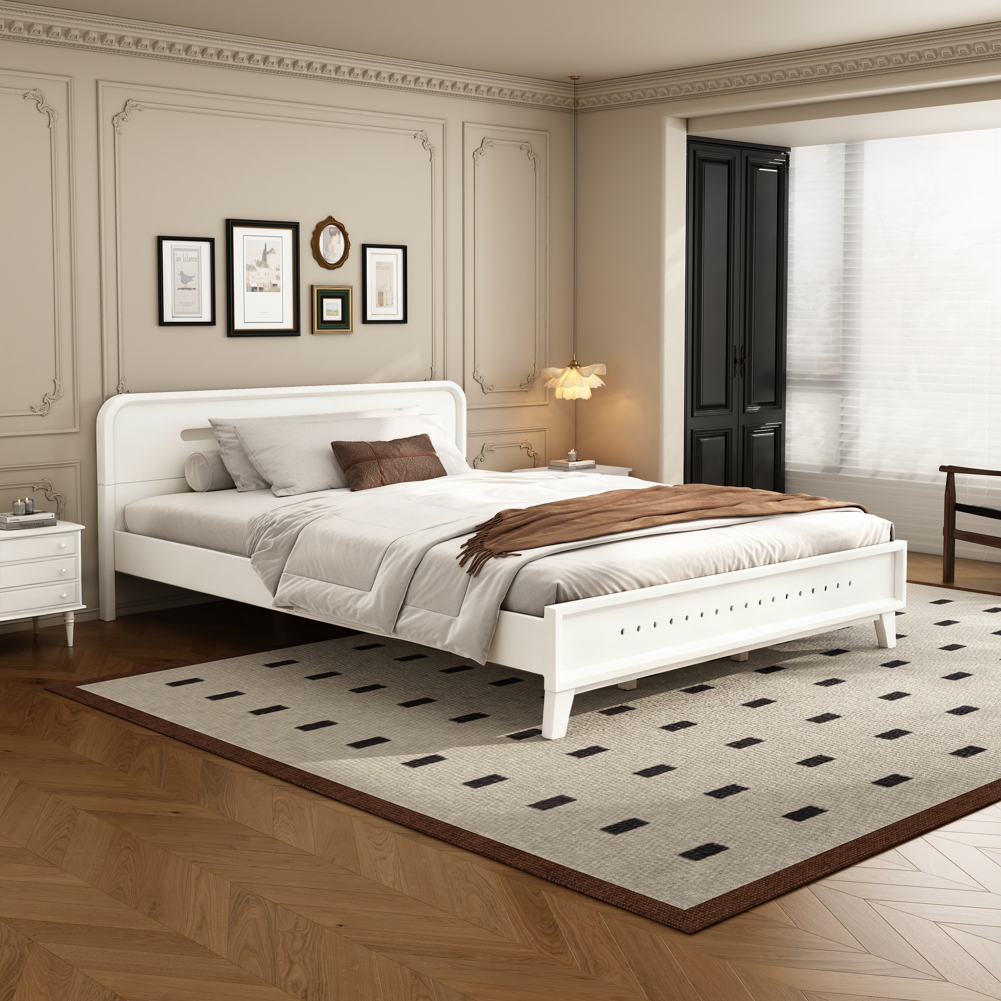 Cama tamaño Queen de madera maciza de pino, blanca