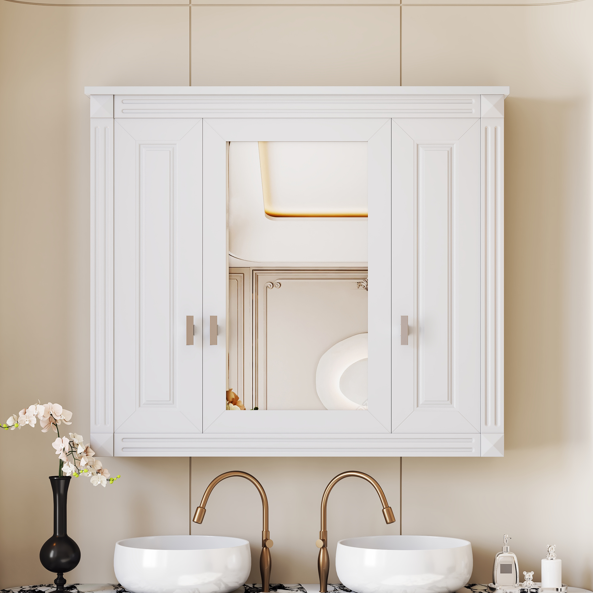 Bathroom Wall Cabinet With Mirror, Wall Mounted Medicine Cabinet With 4 Shelves, Mirrored Door Over Toilet Storage Cabinet, White