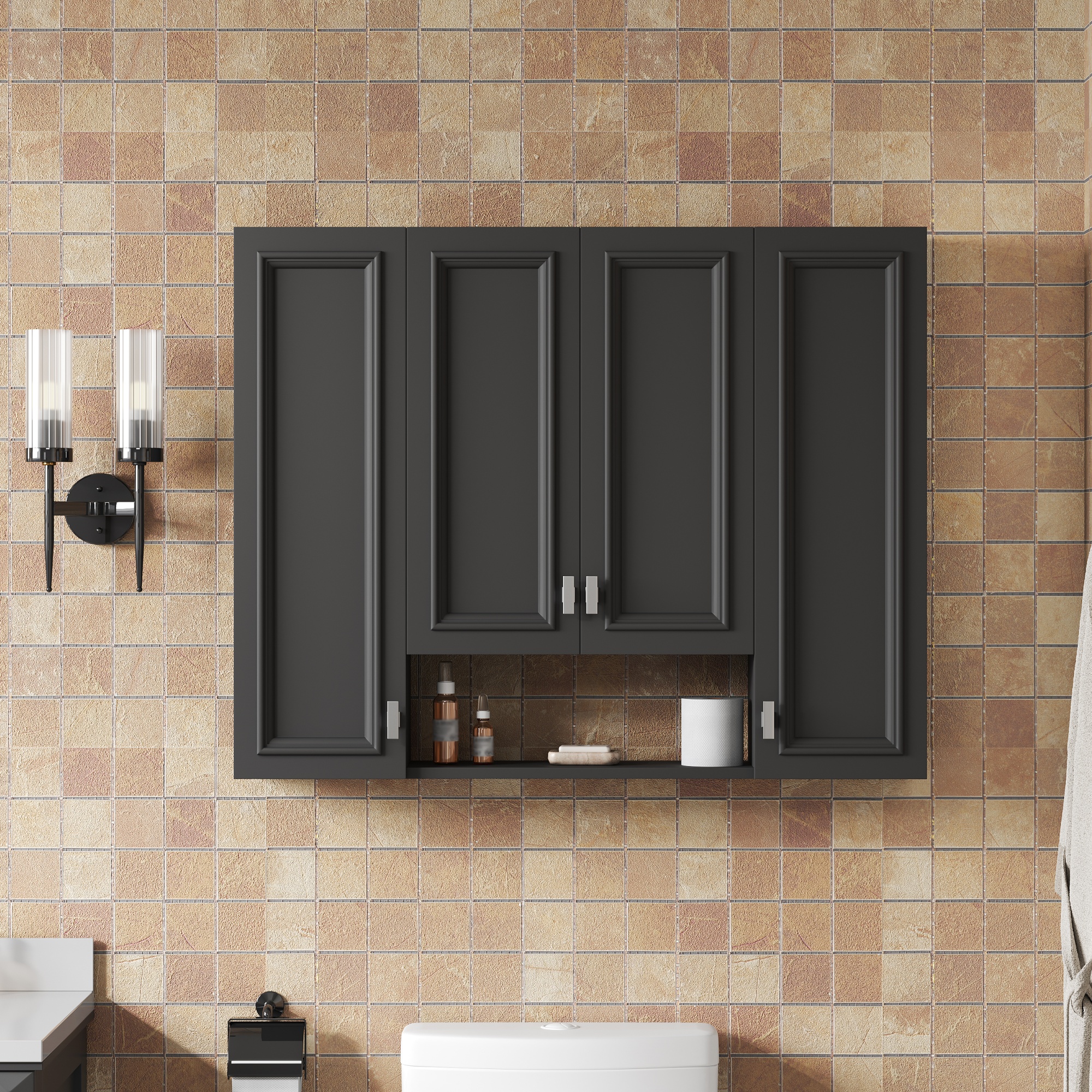 Modern Bathroom Cabinet with 5 Adjustable Shelves, Wall-Mounted Medicine Cabinet for Bathroom, Soft-Closing Hinges, Open Shelving Design