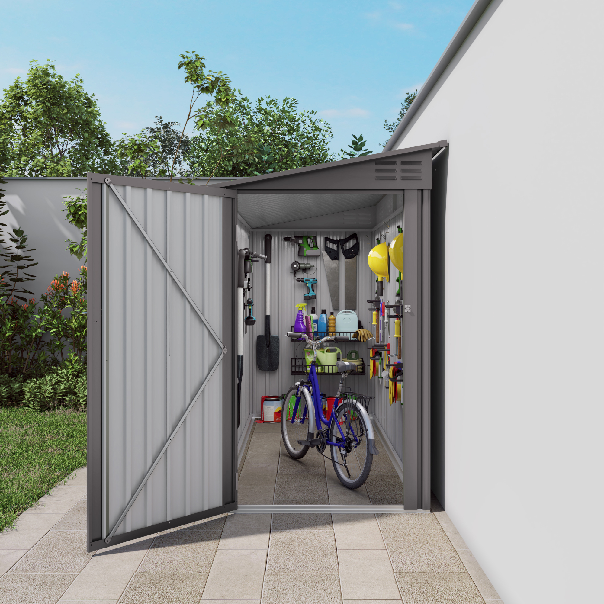 4x9 FT Lean To Shed With Windows, Metal Garden Shed Tool House With Sloping Roof With 2 Vents And 1 Side Open Door, Outdoor Storage Shed Waterproof For Backyard, Garden, Patio, Gray