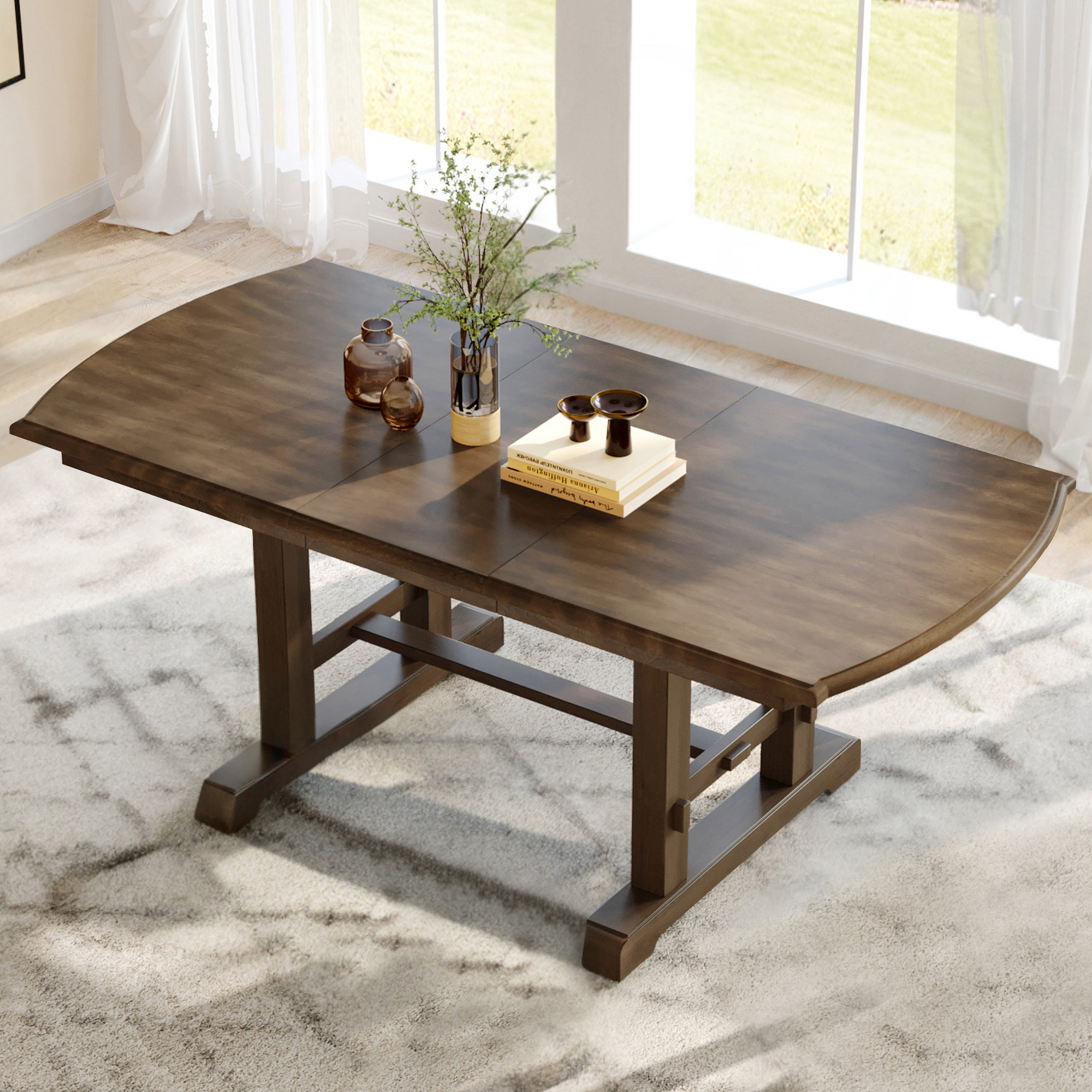 59 -77  Extendable Dining Table, Farmhouse Wooden Kitchen Table With Removable Leaf, Large Expanding Table For 4-8  Brown