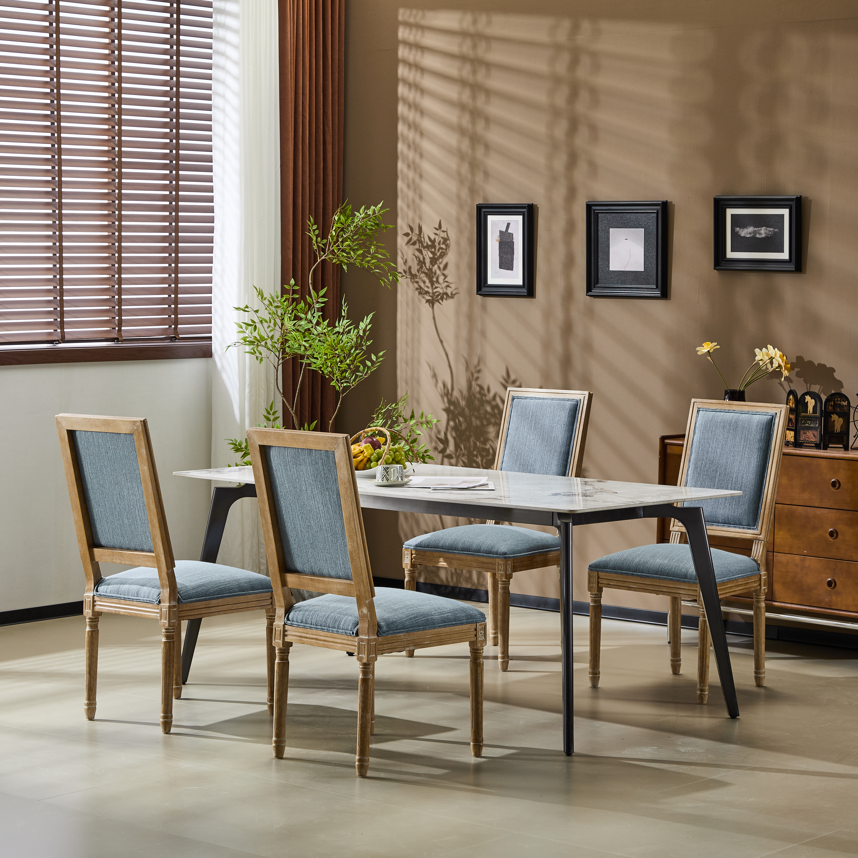 Set Of 4 French Country Dining Chairs - Elegant Cane Backrest & Upholstered Seats With Fluted Legs - Rustic Weathered Finish - Solid Rubberwood Frame - Vintage Inspired Kitchen & Dining Room Chairs