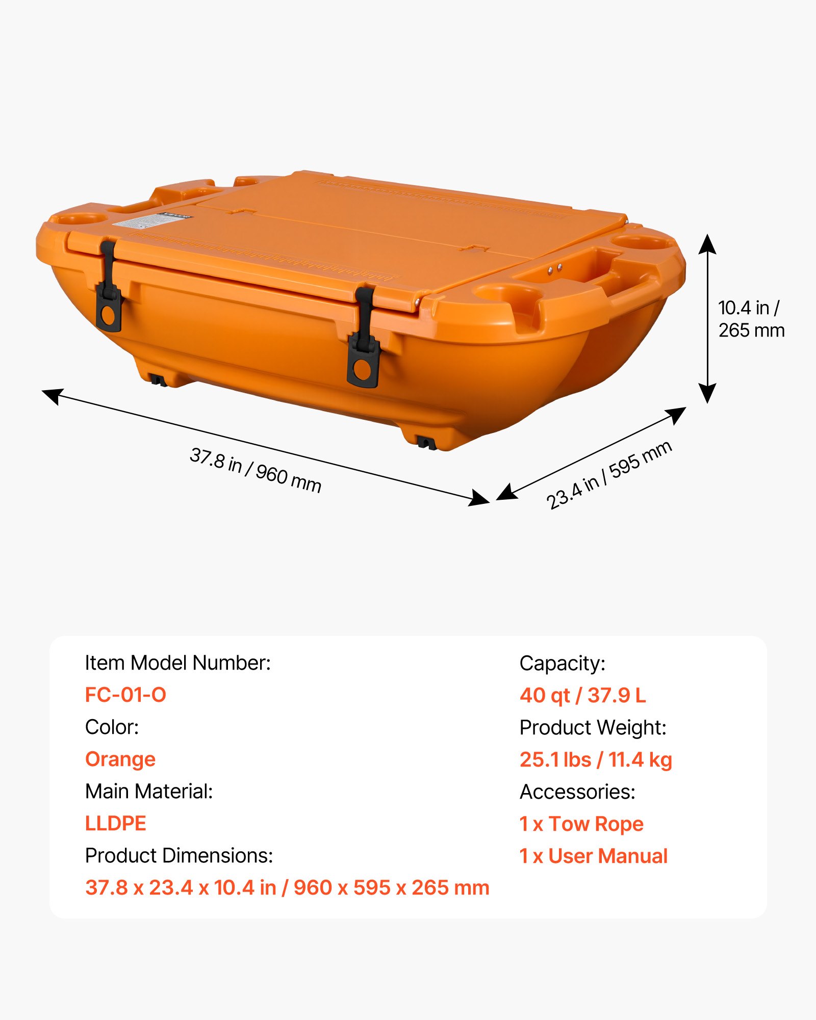 Floating Cooler, 40 QT Floating Ice Chest With Dry Storage & Tow Rope, Premium LLDPE Amphibious Drink Cooler For Water & Land, Cruise Smoothly Stable On Lake, River, Pool, Beach, Kayak, Orange