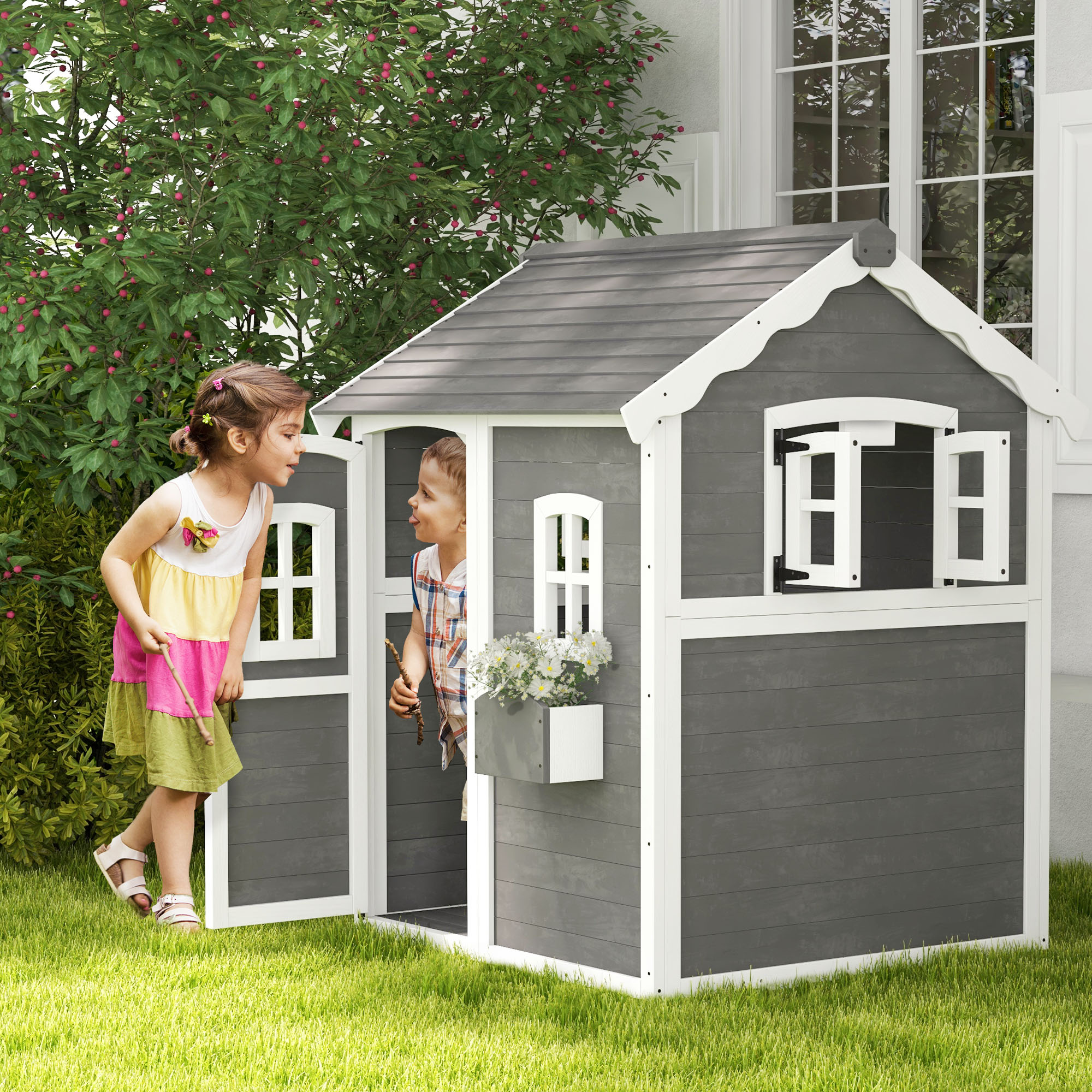 Casita de juegos de madera para exterior con piso, puerta, ventanas y macetero