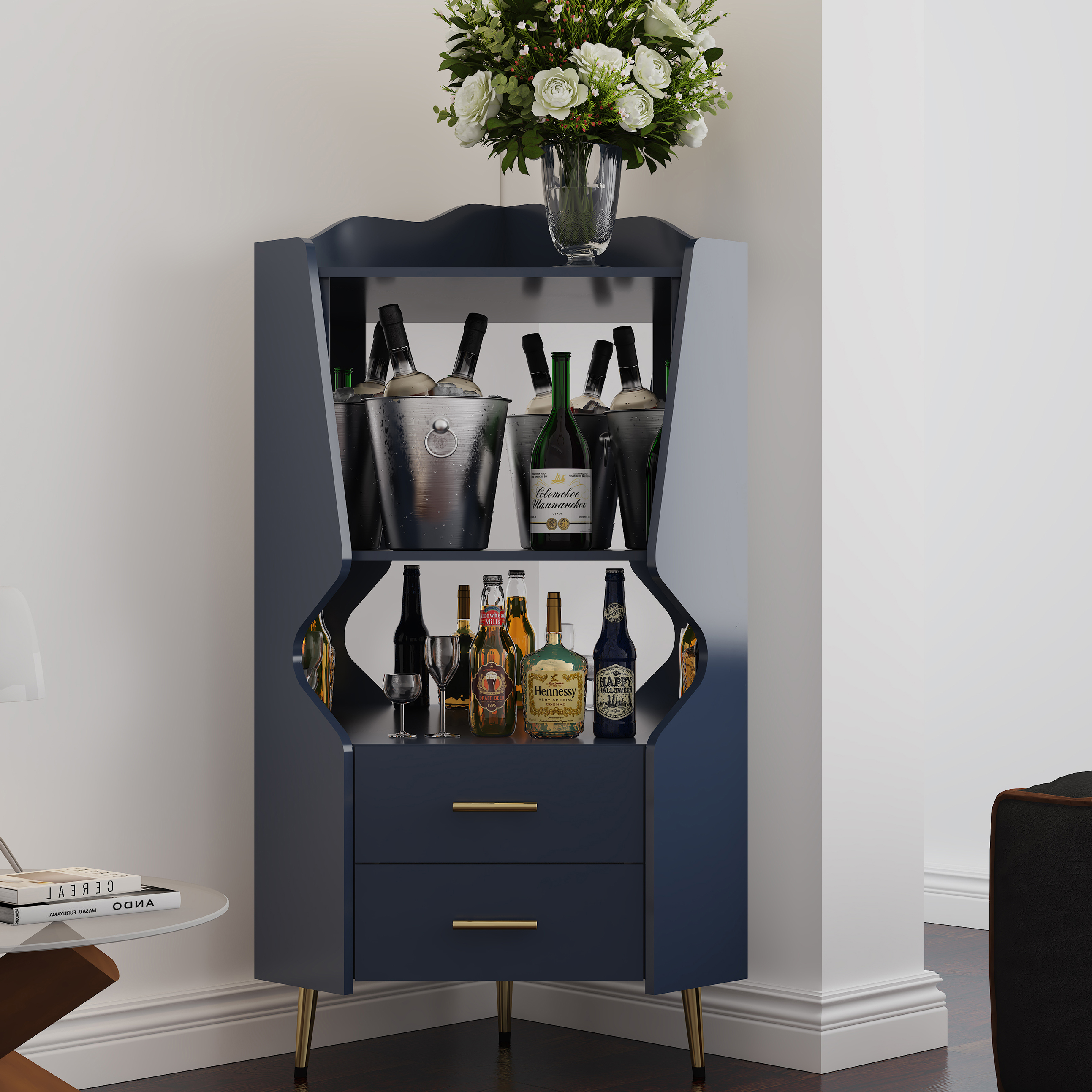 Wooden Corner Bar Cabinet With 2 Open Storage Shelves And 2 Drawers, Mirrored Back Sideboard Cabinet, High Feet Legs For Easy Cleaning, Buffet Cabinet BLUE