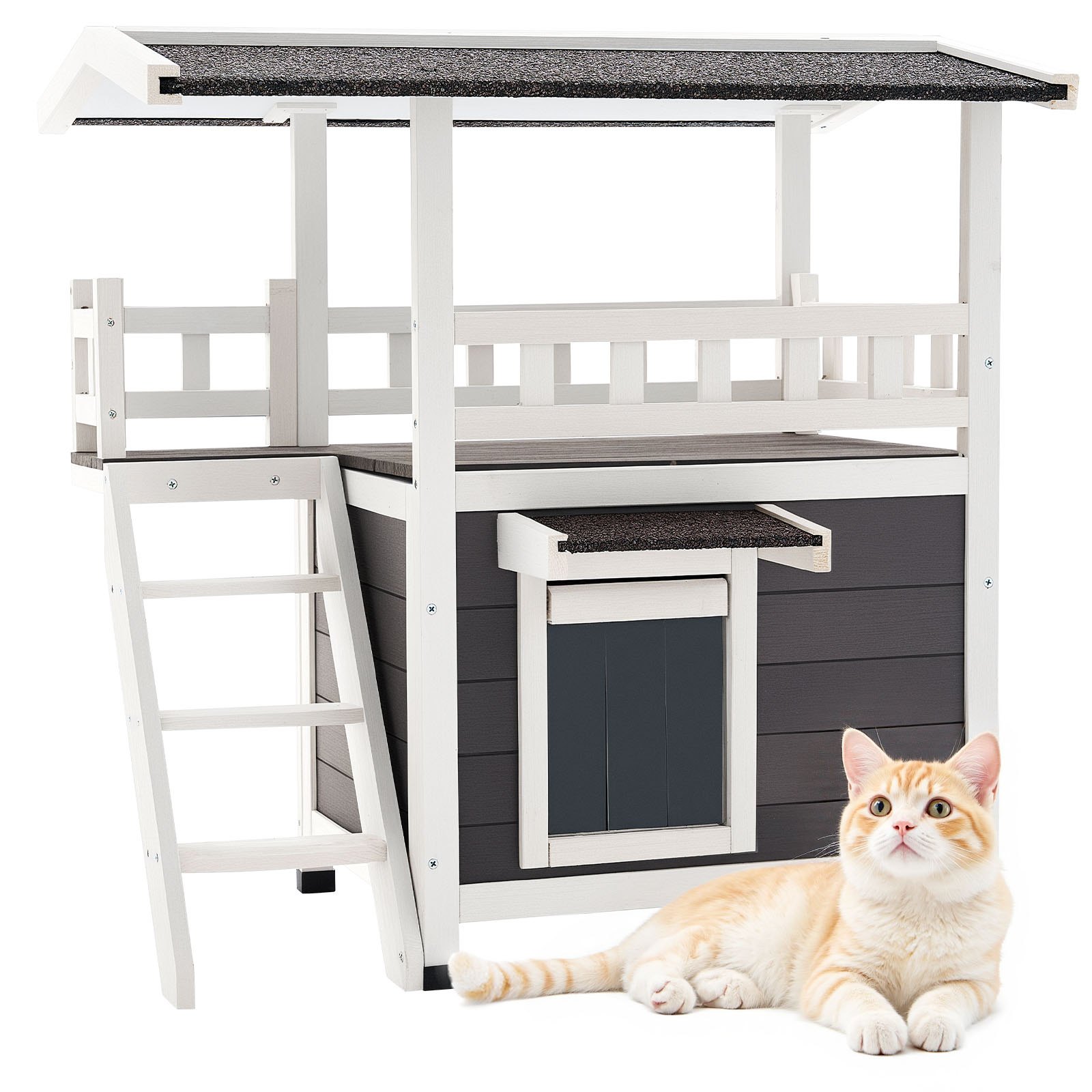 Casa para gatos de exterior de madera, 2 pisos, con escaleras, balcón e impermeable
