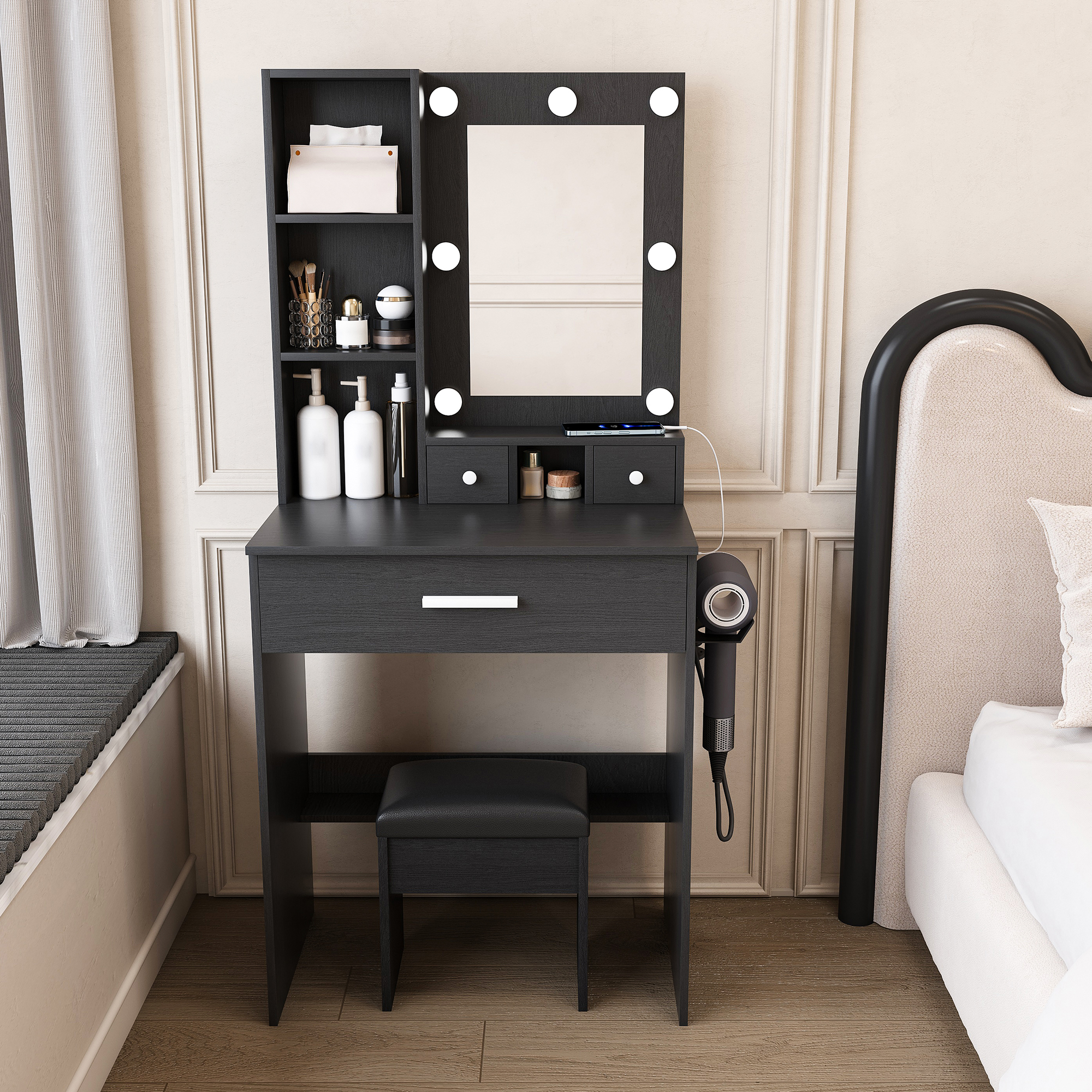 Tocador negro compacto con espejo, luces LED, toma de corriente, soporte secador y taburete