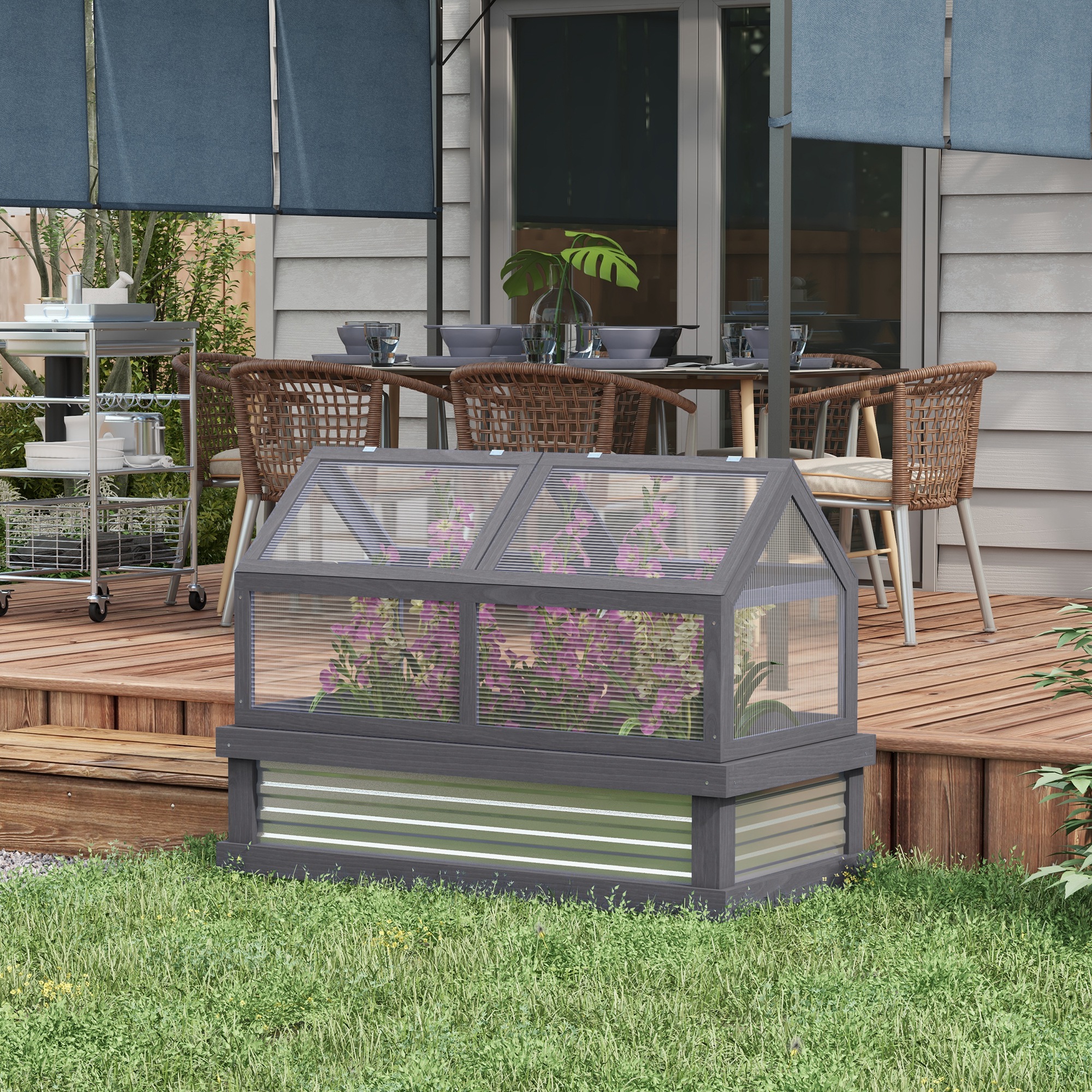 Raised Garden Flower Bed Kit w/ Greenhouse, Wooden Cold Frame Planter, Gray