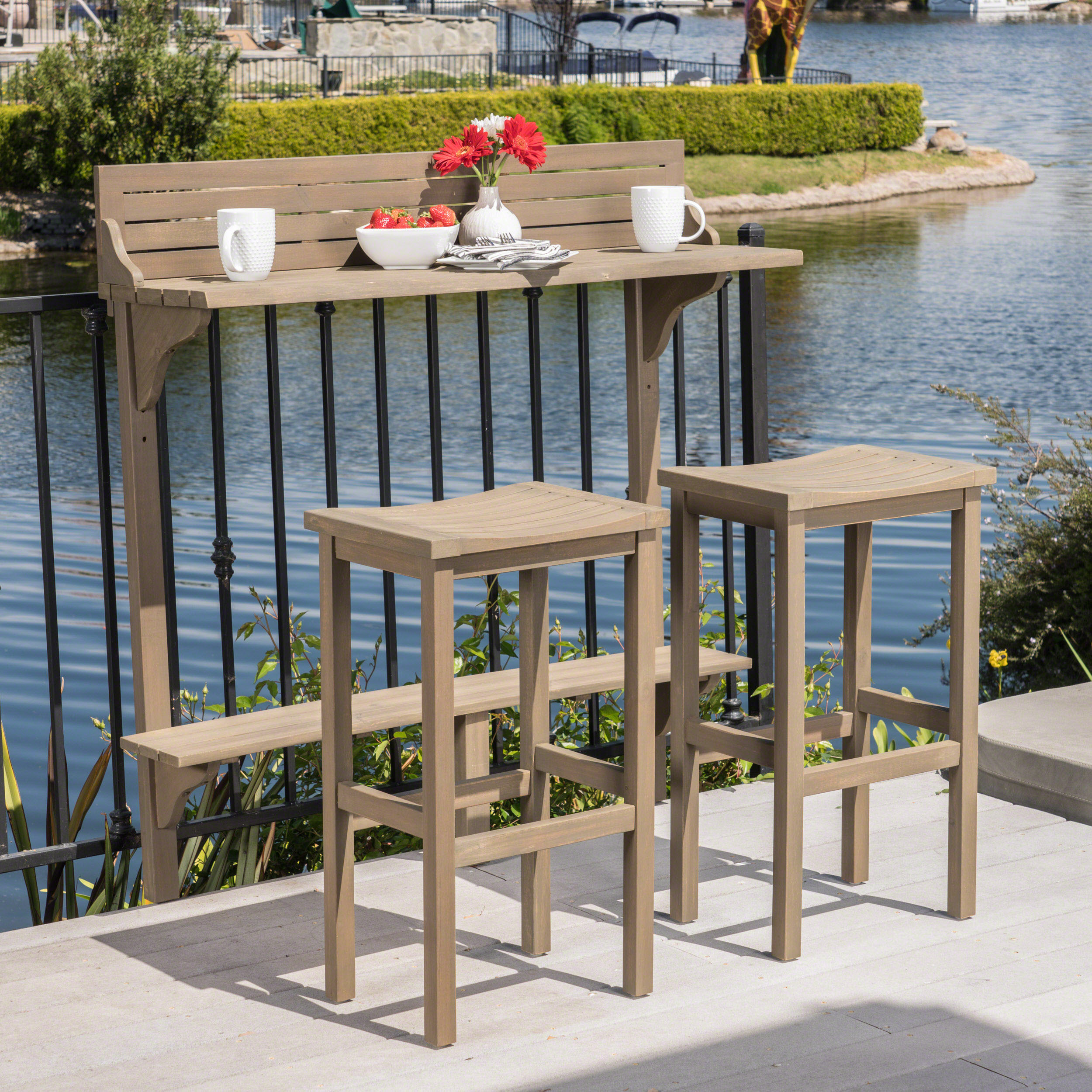 3 Piece Balcony Bar Set With Bottom Shelf Table And 2 Stools, Grey Finish