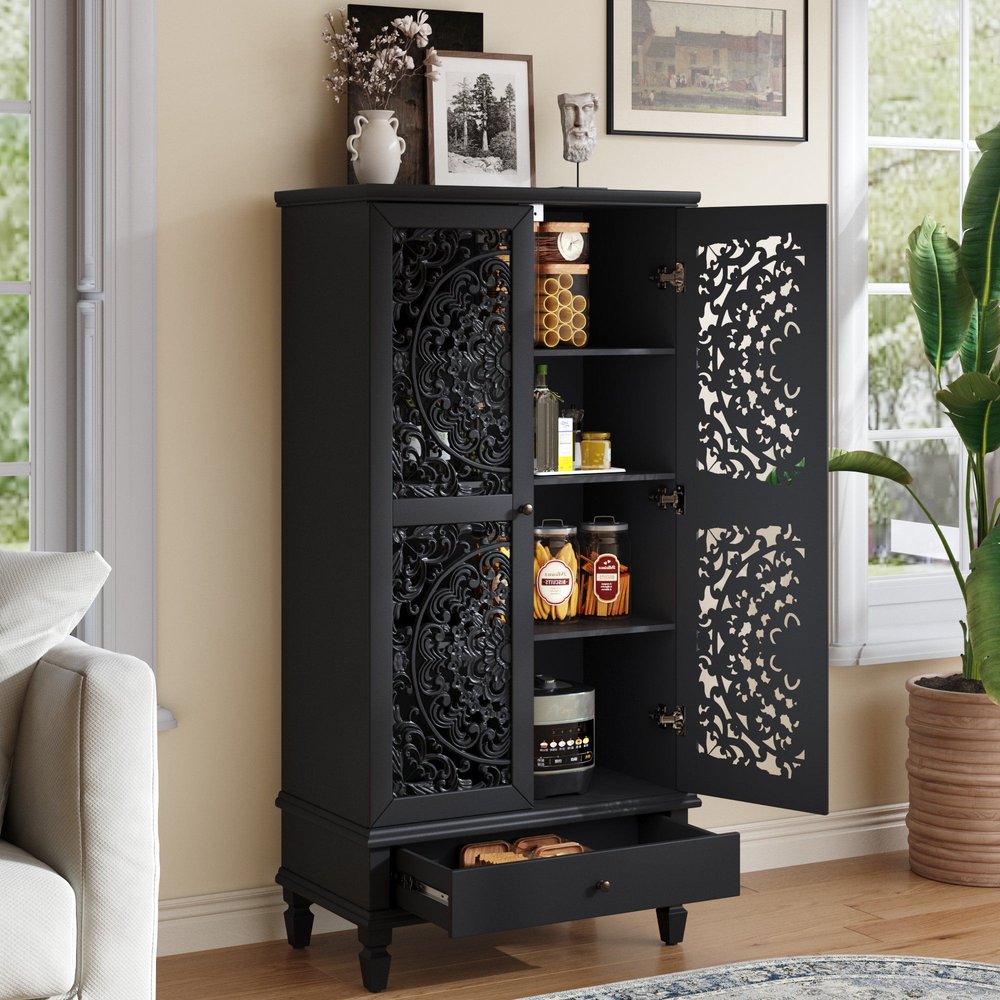 Gabinete de almacenamiento rústico de 55 pulgadas con cajón y 2 puertas, negro