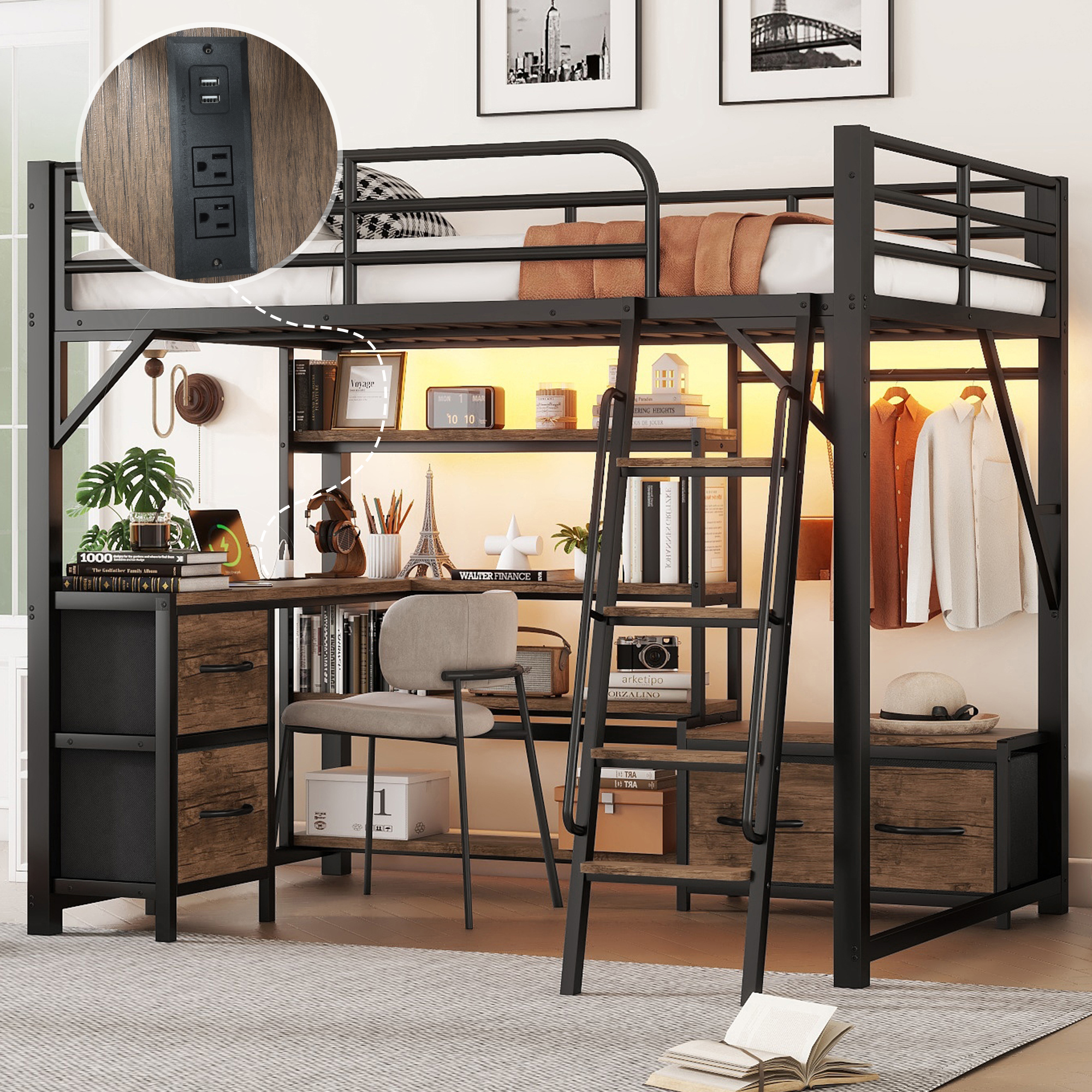 Full Size Loft Bed With Desk And Light, Metal Loft Bed With Storage Shelves, Wardrobe And Drawers For Boys GirlsOld SKU W2593S00032