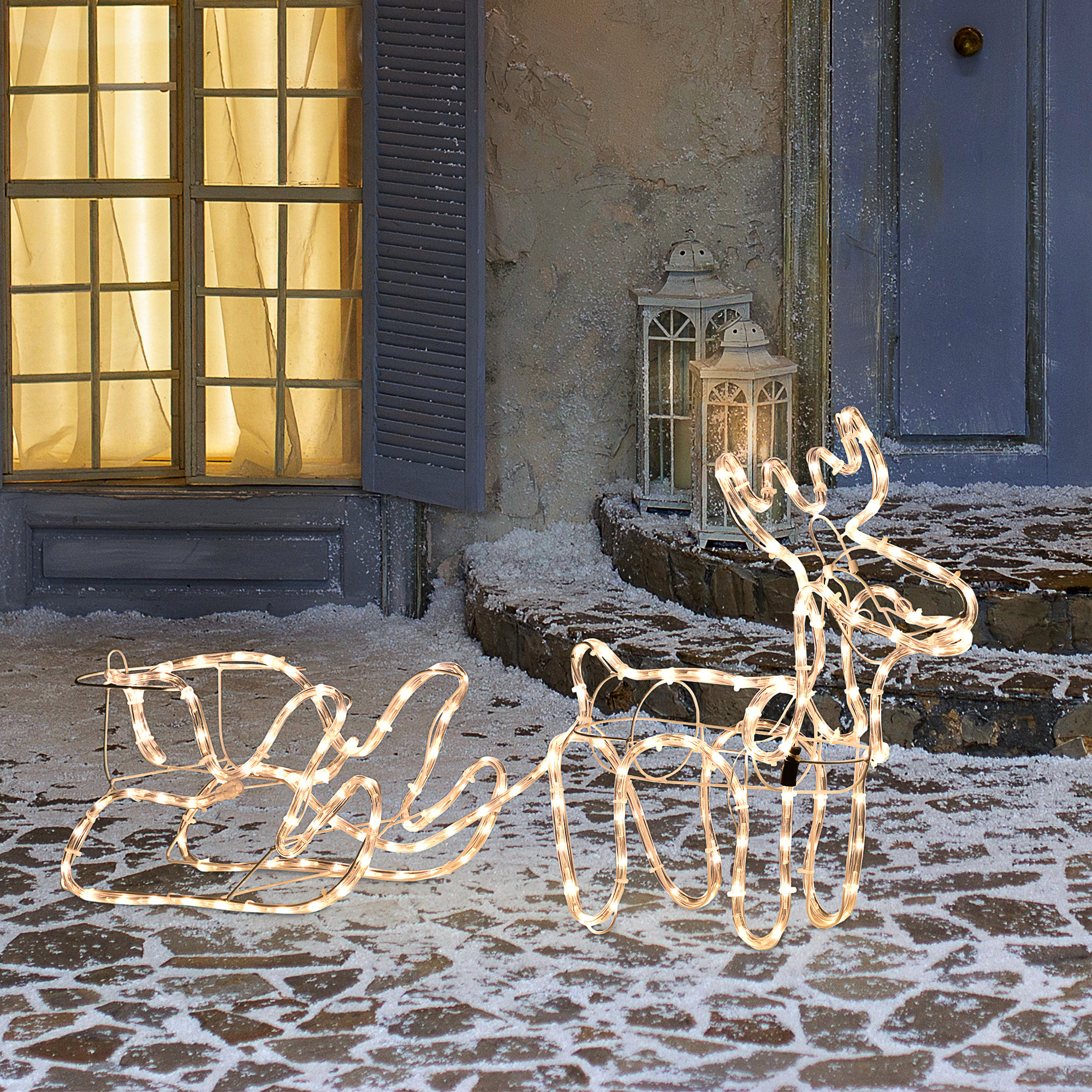 Reno y trineo de Navidad de 35 pulgadas con iluminación LED blanca cálida