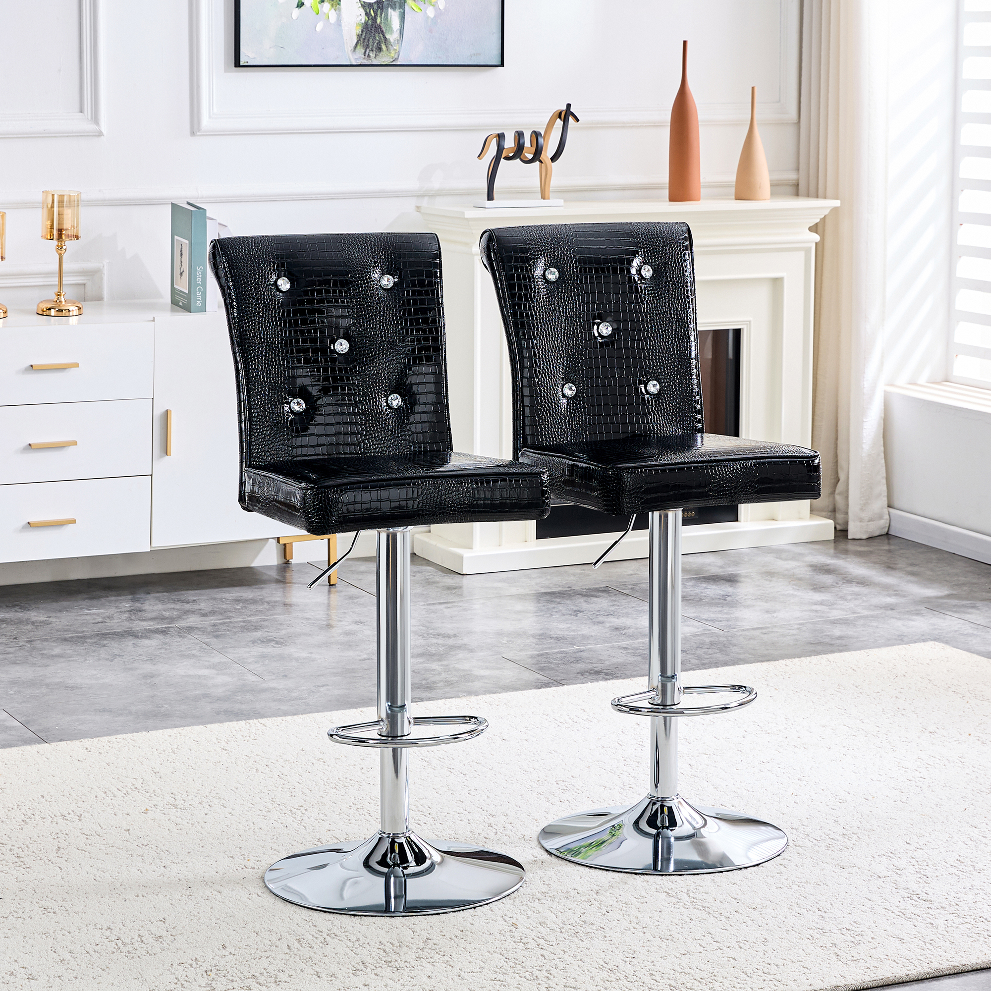 A Set Of 2 Black Vintage Crocodile Leather Lift Bar Chairs, Featuring Crystal Clasp Design And Synthetic Leather Design, Adding A Touch Of Elegance And Mystery To The Dining Area