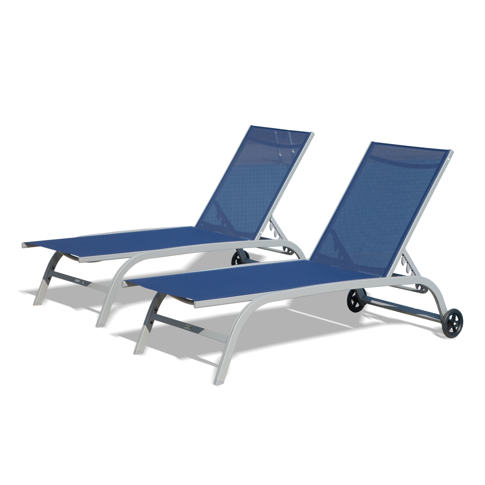 Set de 2 tumbonas de exterior con ruedas y 5 posiciones ajustables, azul.