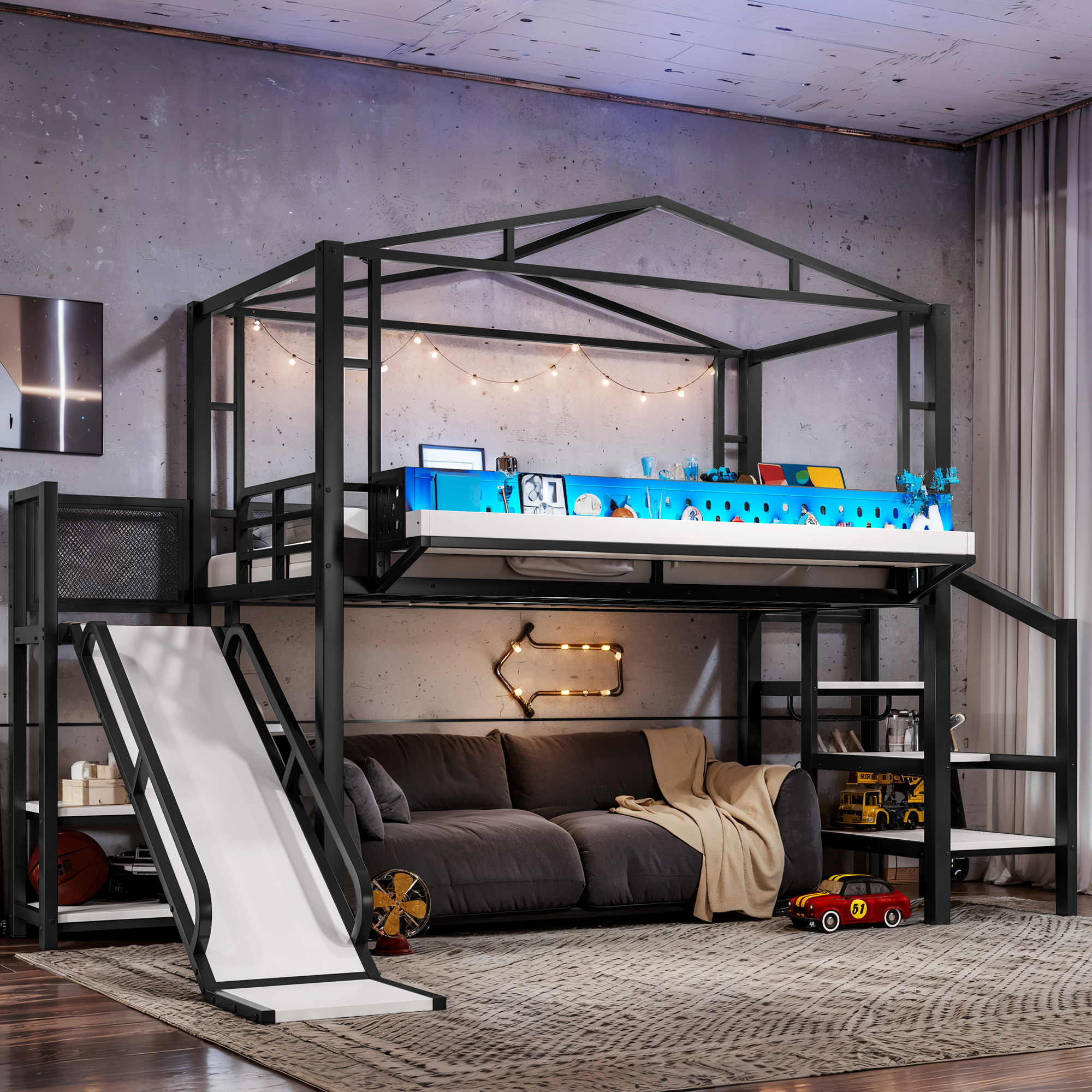 Cama Alta Individual con Escaleras de Almacenamiento, USB, LED, Metálica, Negra