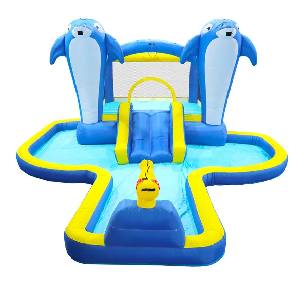 Parque acuático inflable 8 en 1 con tobogán, trampolín, aspersor y juegos de agua.