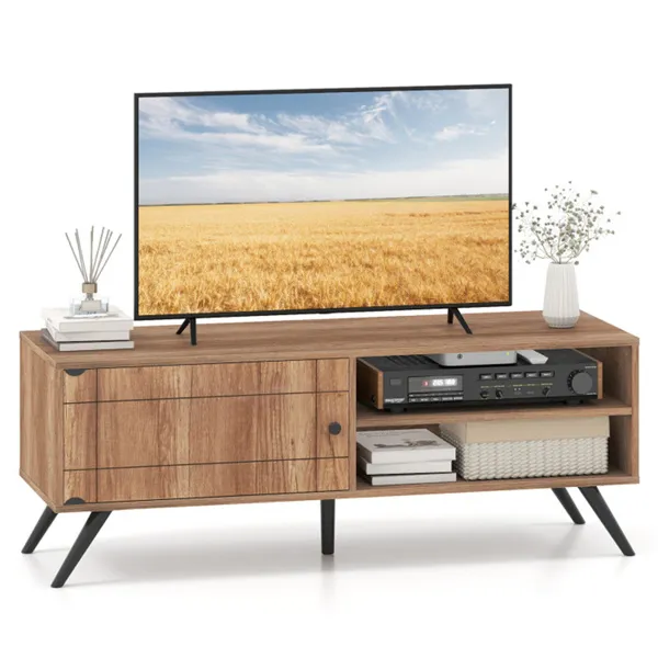 Mueble de TV moderno de roble para televisores de 55 pulgadas, capacidad 210 libras.