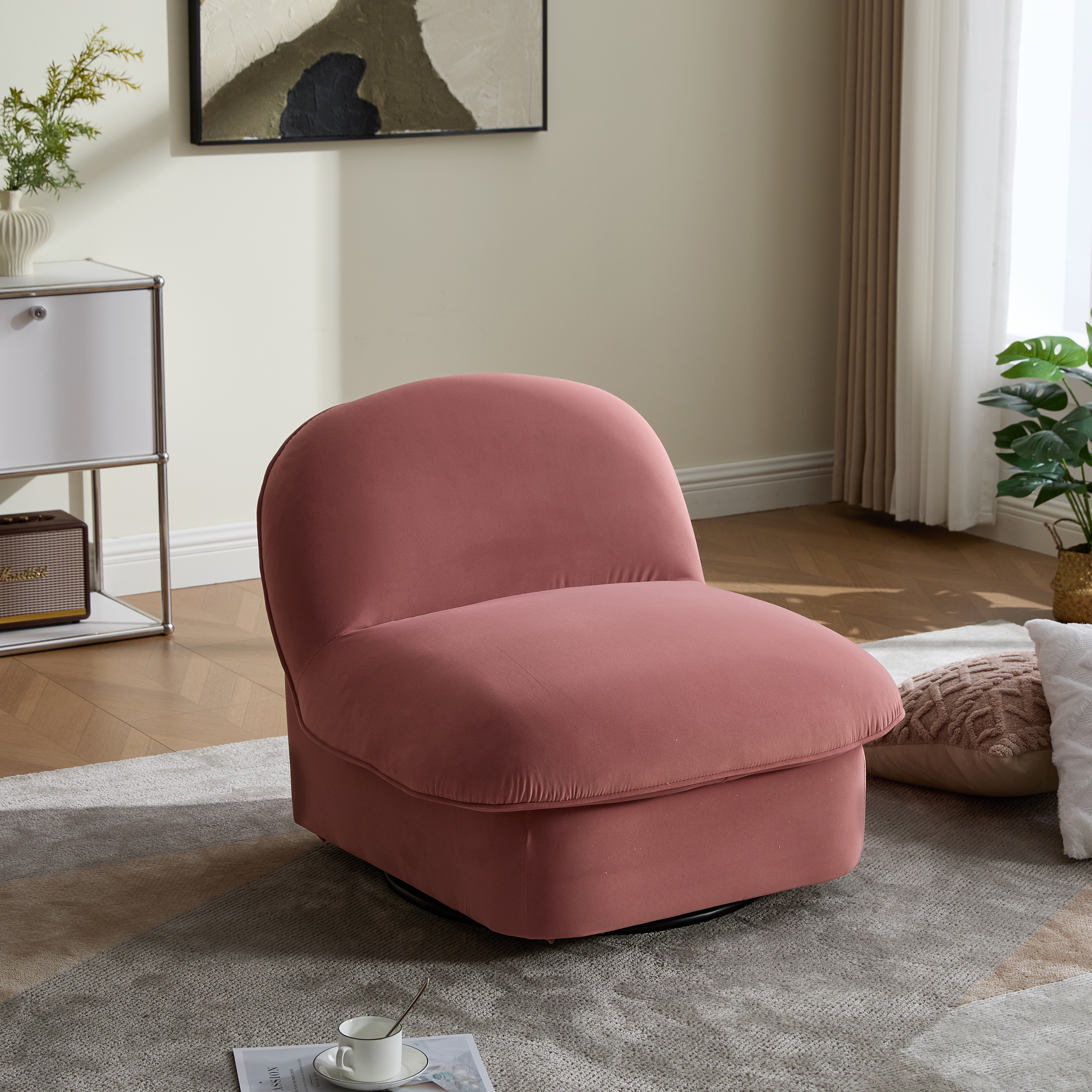 Swivel Accent Chair, 360 Degree Metal Base With Velvet Fabric Upholstery, Comfy Pumpkin Shaped Swivel Chair For Living Room, Bedroom, Or Office