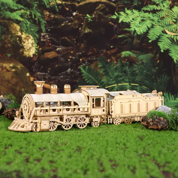 Maqueta de Tren Mecánico de Madera 3D - Rompecabezas de Ingenio