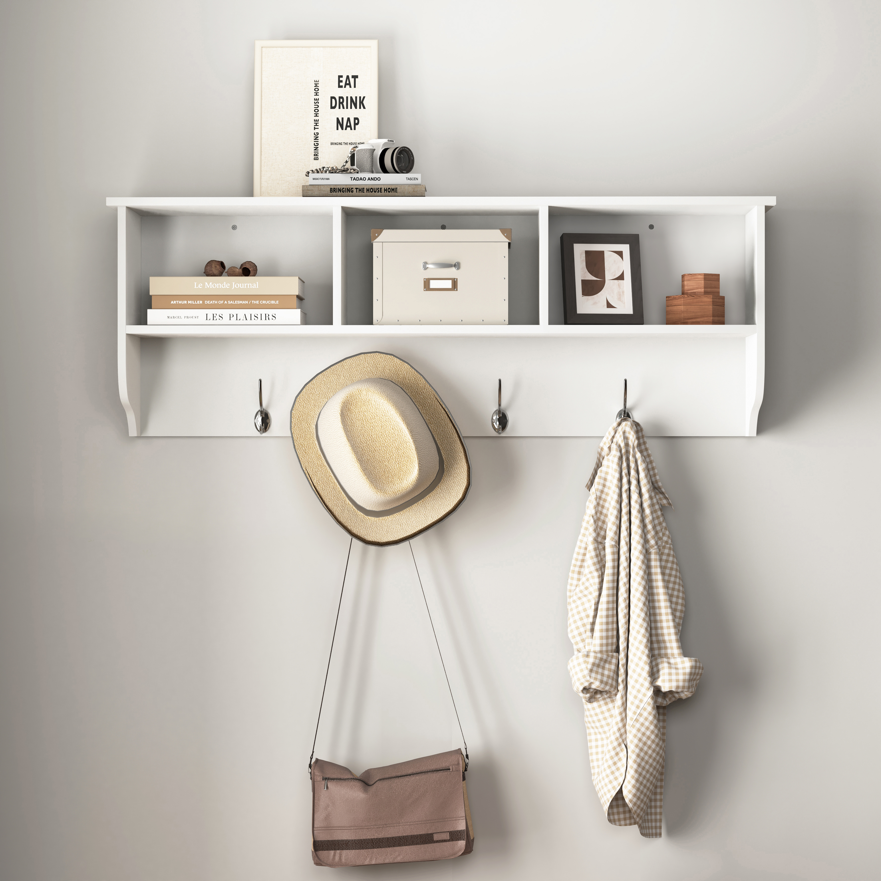 Perchero de pared blanco con 4 ganchos dobles, estante de almacenamiento de madera para entrada