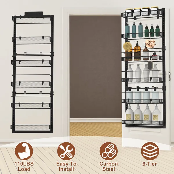 Organizador de despensa para puerta de 6 niveles, metal, para cocina y baño, Negro